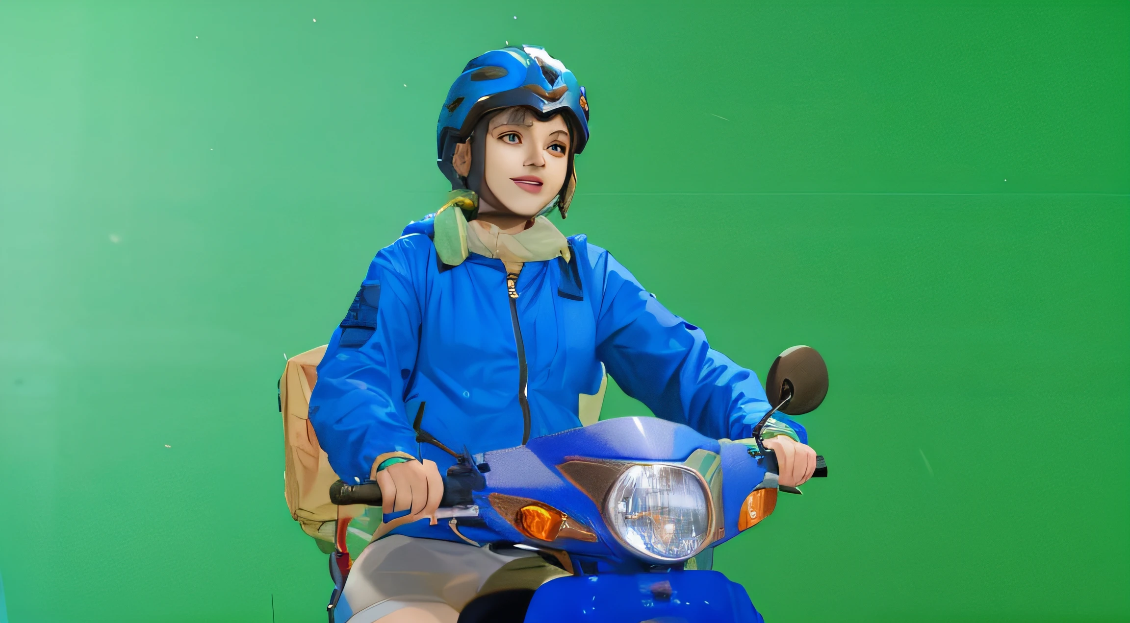 a sketch anime girl with smiling face, who wearing blue jacket and blue helmet, she riding a blue motorcycle, looking in her hand