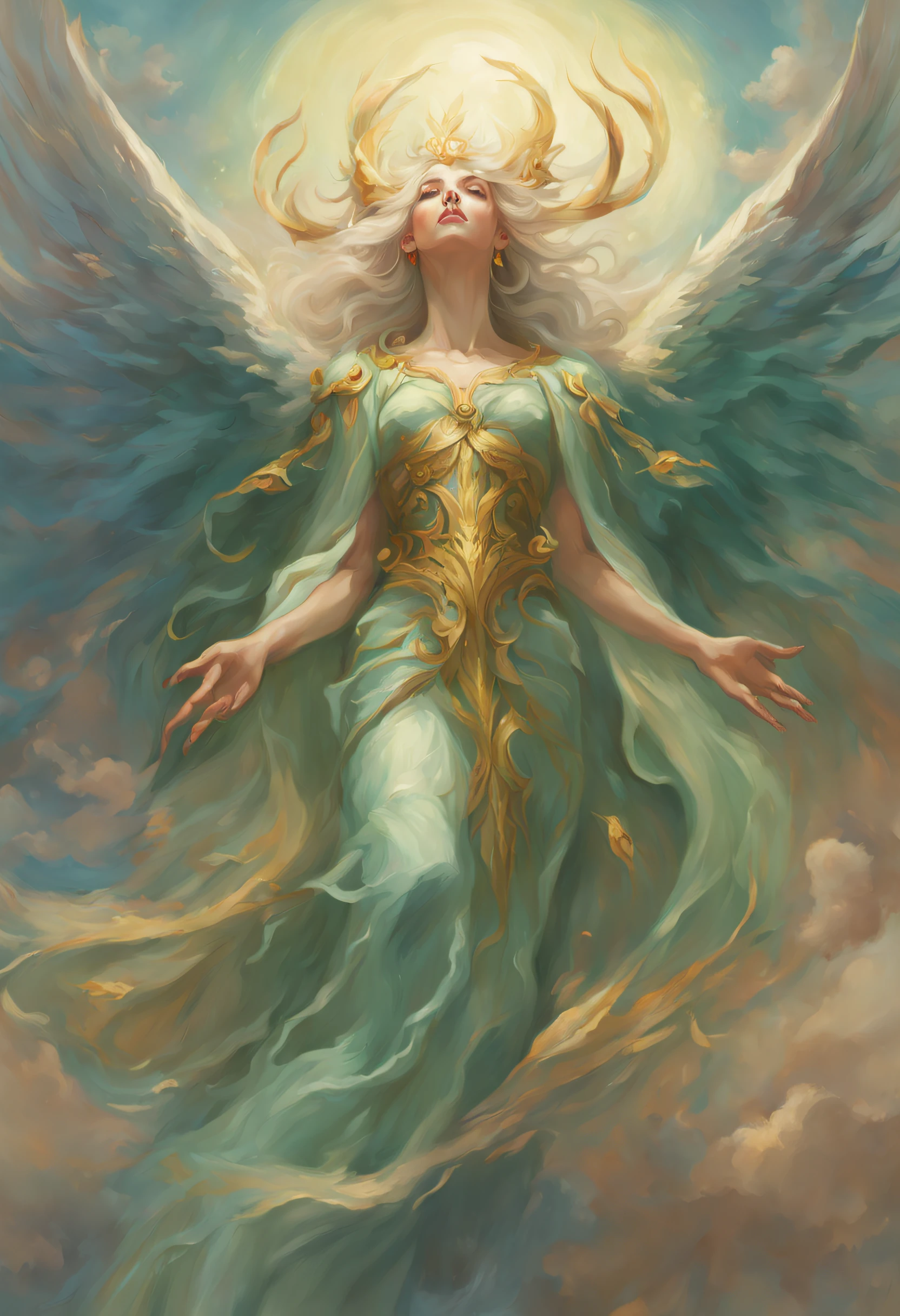 Paintings of (The most beautiful) Female elder god with four arms flying in the air, in the art style of mohrbacher, Old God, In the style of Mark Ariane, 1 : 1 Album artwork, Long and looming creatures, the non-binary deity of spring, heavy jpeg artifact blurry, Unusually unique beauty, a bird, magali villeneuve and monet, Umbria, (((Otome))),Delicat eyes、Delicate fingertips