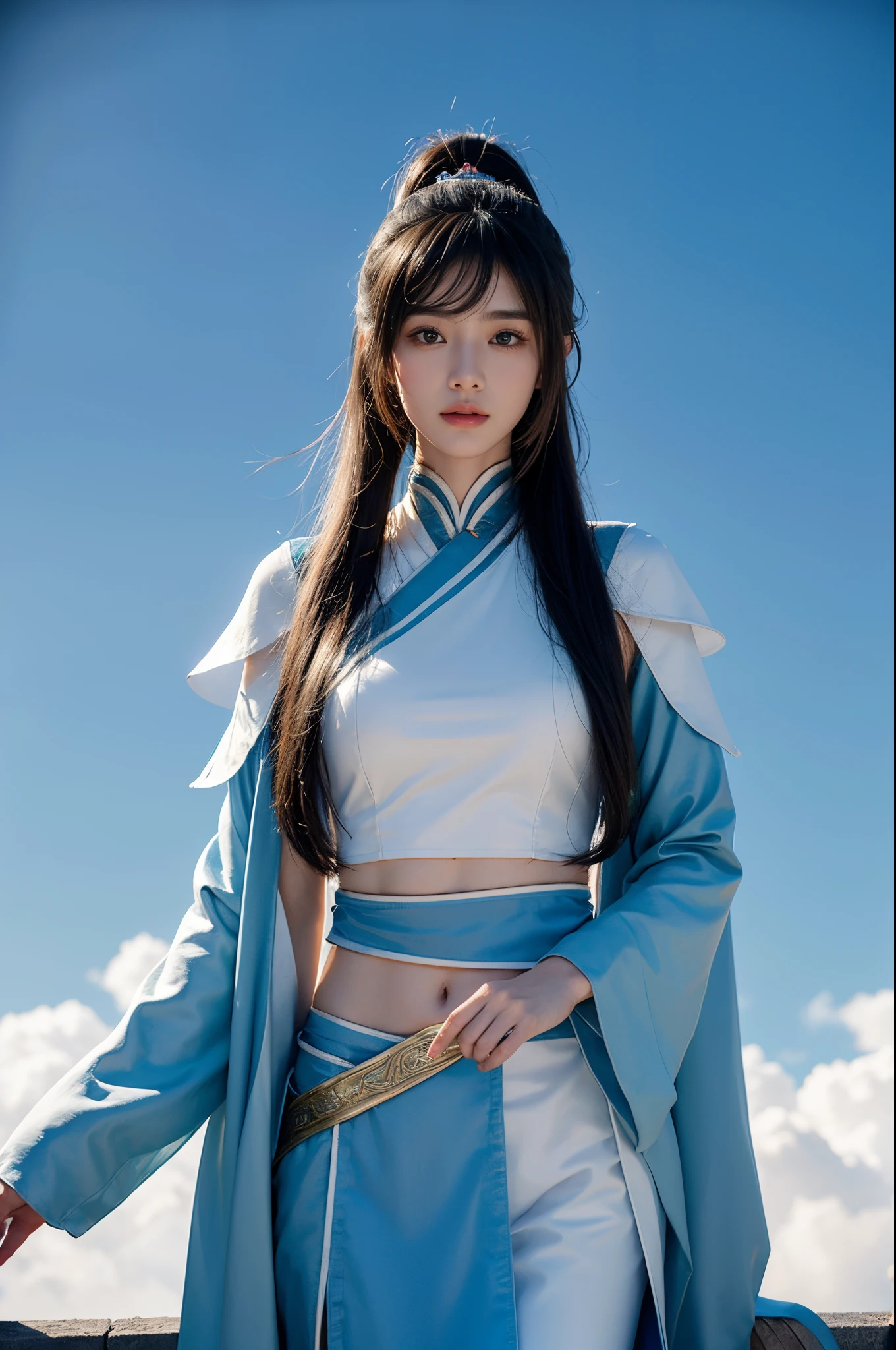 ((top-quality、tmasterpiece、photographyrealism:1.4、8K))、a very beautiful chinese woman、18yr old、Extremely detailed eyes and face、beautidful eyes、Ancient female general、（Exquisite ancient Chinese metal armor,exposing your navel）、simple accessories、Elegant face、（Imagine the female general standing on the city wall admiring the scenery。She has a long ponytail hairstyle、With long bangs、Amazing amount of hair、Cold and dignified）、beautiful light up、ctextured skin、super detailing、high detal、high high quality、A high resolution、（looking at viewert）、Asian people、（The background is blue sky and white clouds）, ancient fantasy, lindo cenario