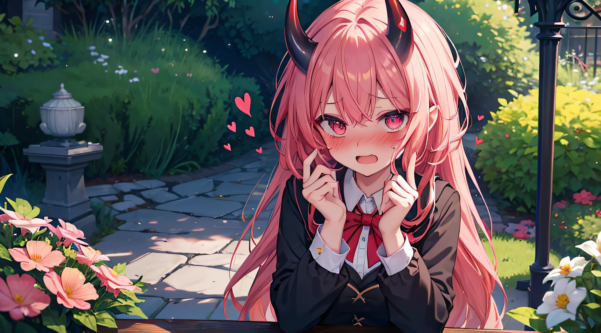 masterpieces, 8k, ultra HD, demon girl, hogwarts uniform, elegant pose in garden, hand, demon girl, demon horn, red hair, glare, (blushing: 1.5), open mouth, licking finger, heart eyes, in garden full of flower, noon time