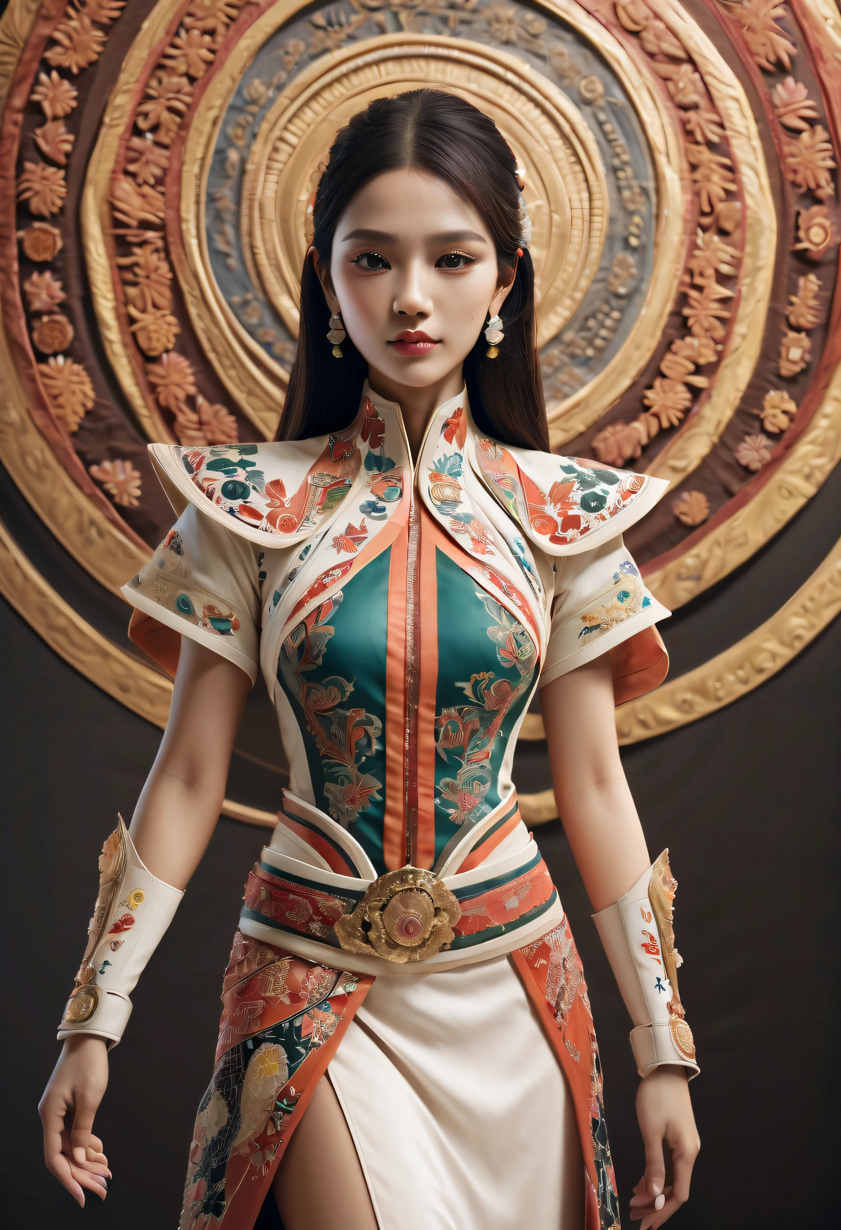 An Indonesian-styled futuristic suit worn by a girl depicting cultural fusion and modern fashion. The suit is adorned with intricate patterns and vibrant colors, showcasing the rich heritage of Indonesia. The girl stands confidently in a dynamic pose, with her detailed eyes reflecting determination and curiosity. The suit's material is a combination of traditional textiles and futuristic synthetic fabrics, giving it a unique and avant-garde appearance. The overall image quality is of the highest standard, with sharp focus and ultra-detailed rendering. The artwork employs physically-based rendering techniques, resulting in realistic lighting and shadows. The colors are vivid and vibrant, capturing the essence of Indonesian cultural aesthetics. The background features a fusion of modern architecture and traditional elements, creating a harmonious blend of the past and the future. The prompt explores the intersection of Indonesian culture, futuristic design, and the artistic representation of a confident girl.