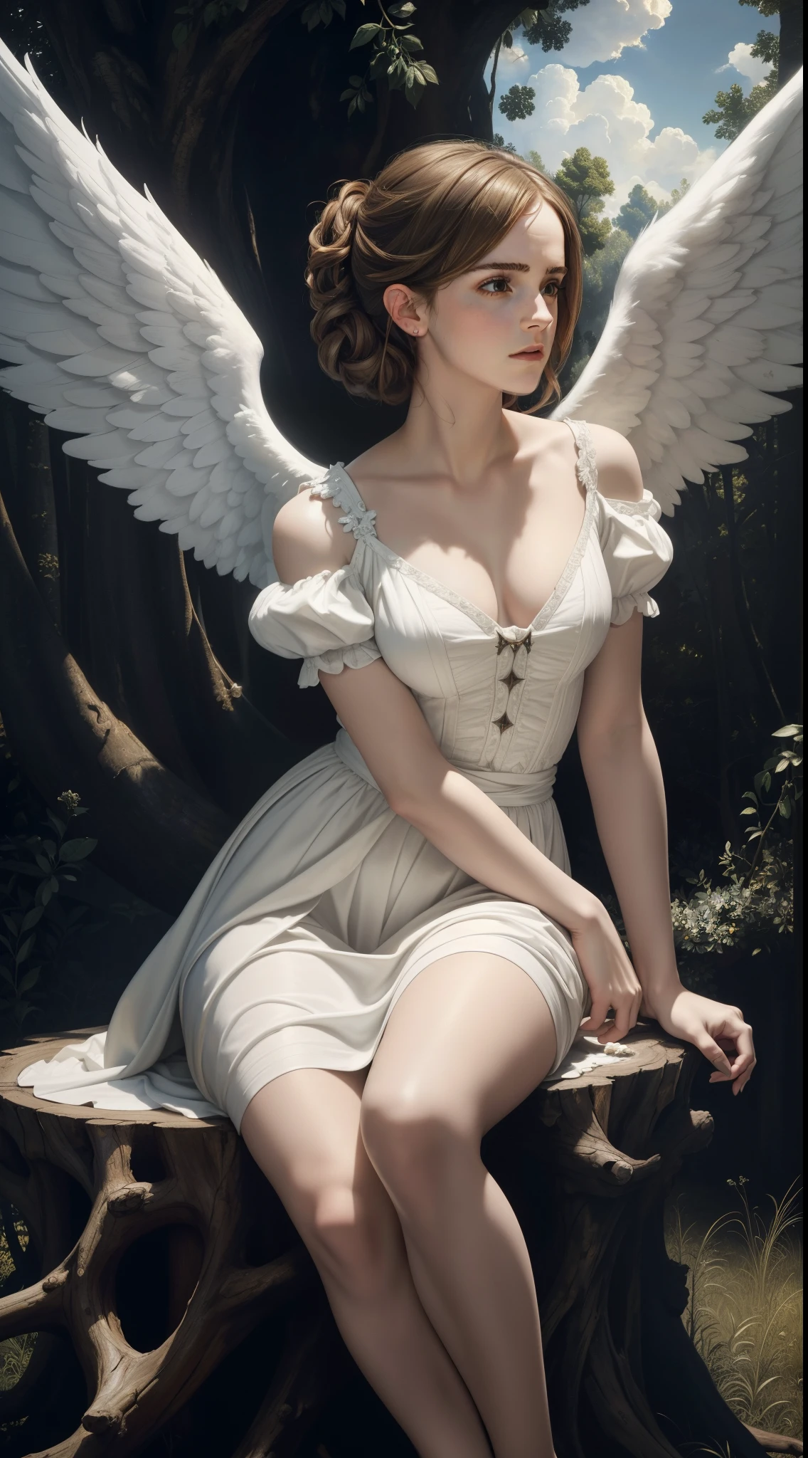 a cute angel woman, mature, adult (emma Watson) beauty , tall, solo, is sitting on a stump, white fluffy clouds in the sky  (art by  Caravaggio), renessans (dark-light contrast oil palette canvas/acrylic), intricate, extreme detail, complex key, ((single shot)), ((best quality)), ((masterpiece)), ((realistic)), 8k, baroque art painting, white wings, sunlight
