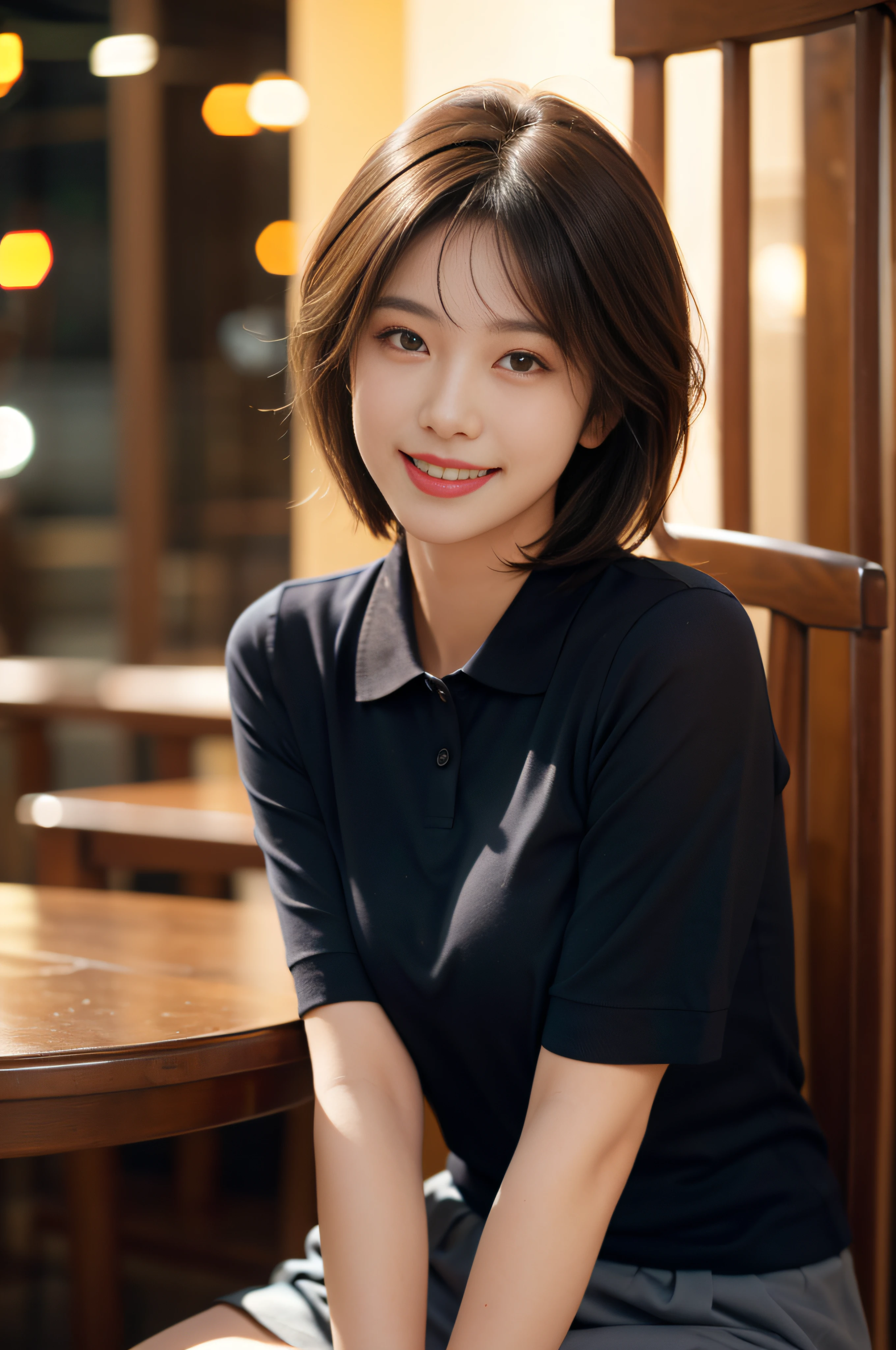 ((top-quality, masterpiece, realistic)), 1girl in, Facing the front, light brown hair, short bob hair, in 8K, 85 mm, Raw photo, Bokeh background, smile, dark color polo shirt, random place, night scene, Sitting in a chair with elbows on the table