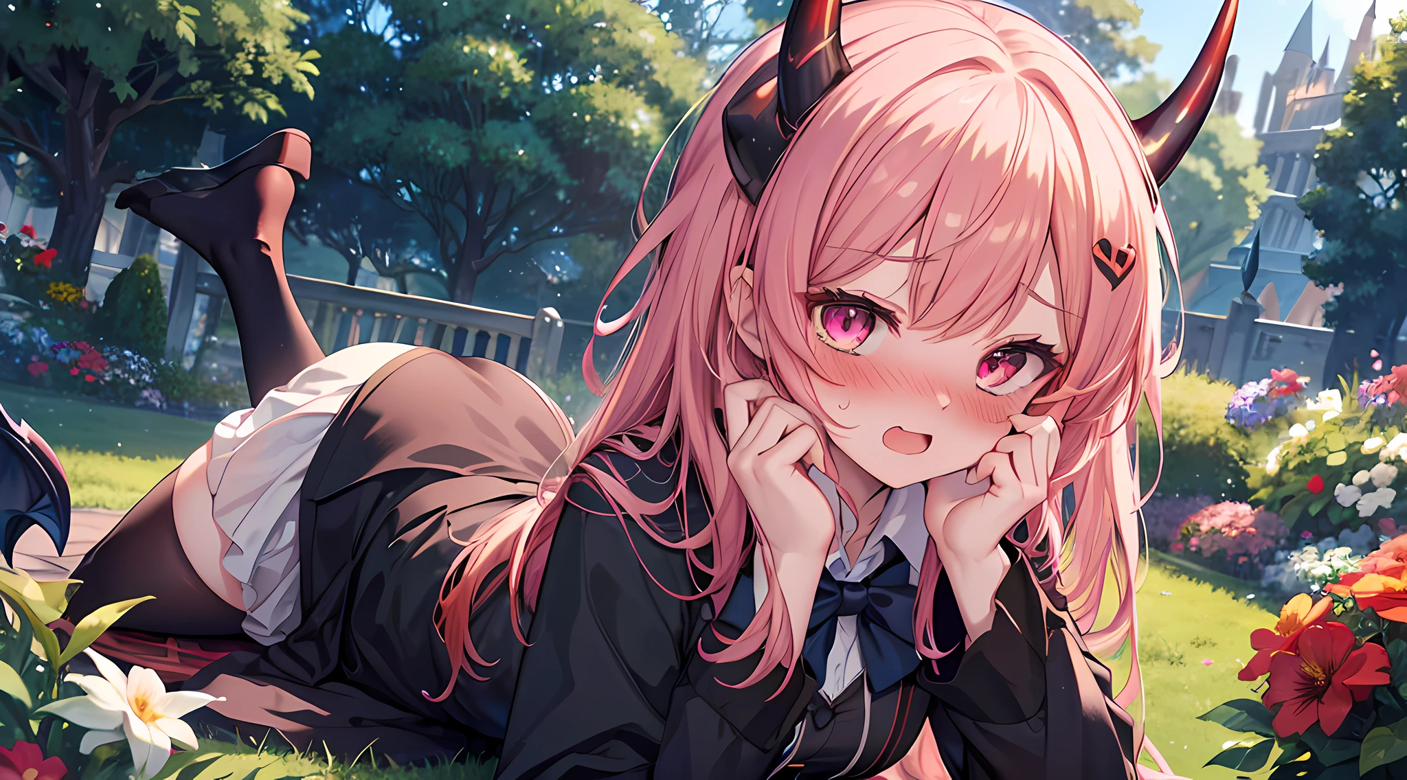 masterpieces, 8k, ultra HD, demon girl, hogwarts uniform, elegant pose in garden, hand, demon girl, demon horn, red hair, glare, (blushing: 1.5), open mouth, licking finger, heart eyes, in garden full of flower, noon time