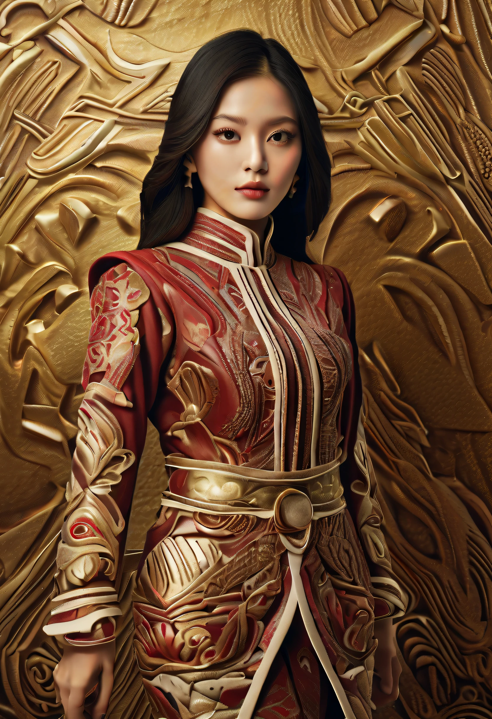 An Indonesian-styled futuristic suit worn by a girl depicting cultural fusion and modern fashion. The suit is adorned with intricate patterns and vibrant colors, showcasing the rich heritage of Indonesia. The girl stands confidently in a dynamic pose, with her detailed eyes reflecting determination and curiosity. The suit's material is a combination of traditional textiles and futuristic synthetic fabrics, giving it a unique and avant-garde appearance. The overall image quality is of the highest standard, with sharp focus and ultra-detailed rendering. The artwork employs physically-based rendering techniques, resulting in realistic lighting and shadows. The colors are vivid and vibrant, capturing the essence of Indonesian cultural aesthetics. The background features a fusion of modern architecture and traditional elements, creating a harmonious blend of the past and the future. The prompt explores the intersection of Indonesian culture, futuristic design, and the artistic representation of a confident girl.