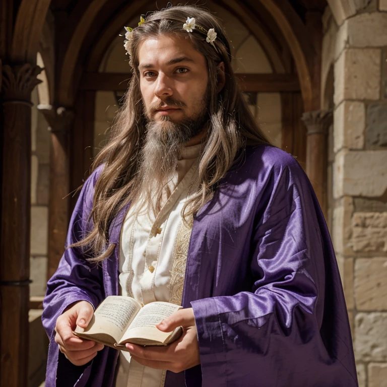 Thin, medieval clothes, long hair, beard, late 50s, white hair, purple eyes, flower crown, holding book, male, religious robes