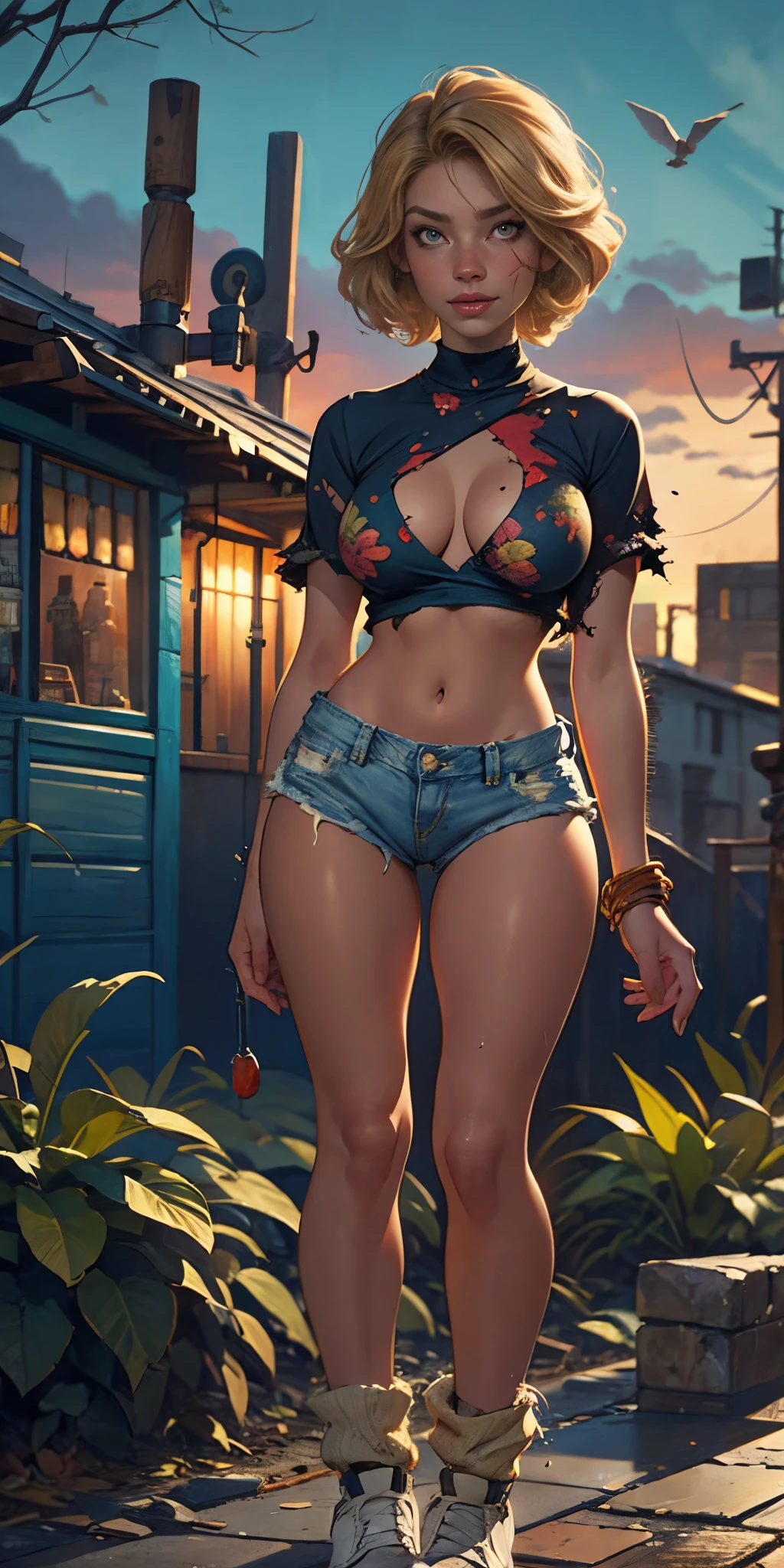 2076 year. The Urban Ruins of the Wasteland, Female huntress picking fruit in the garden, beautiful face, blonde, badly torn shirt and denim shorts ,  long legs, sweating through, sun rising, Nice warm colors, head to toe full body shot