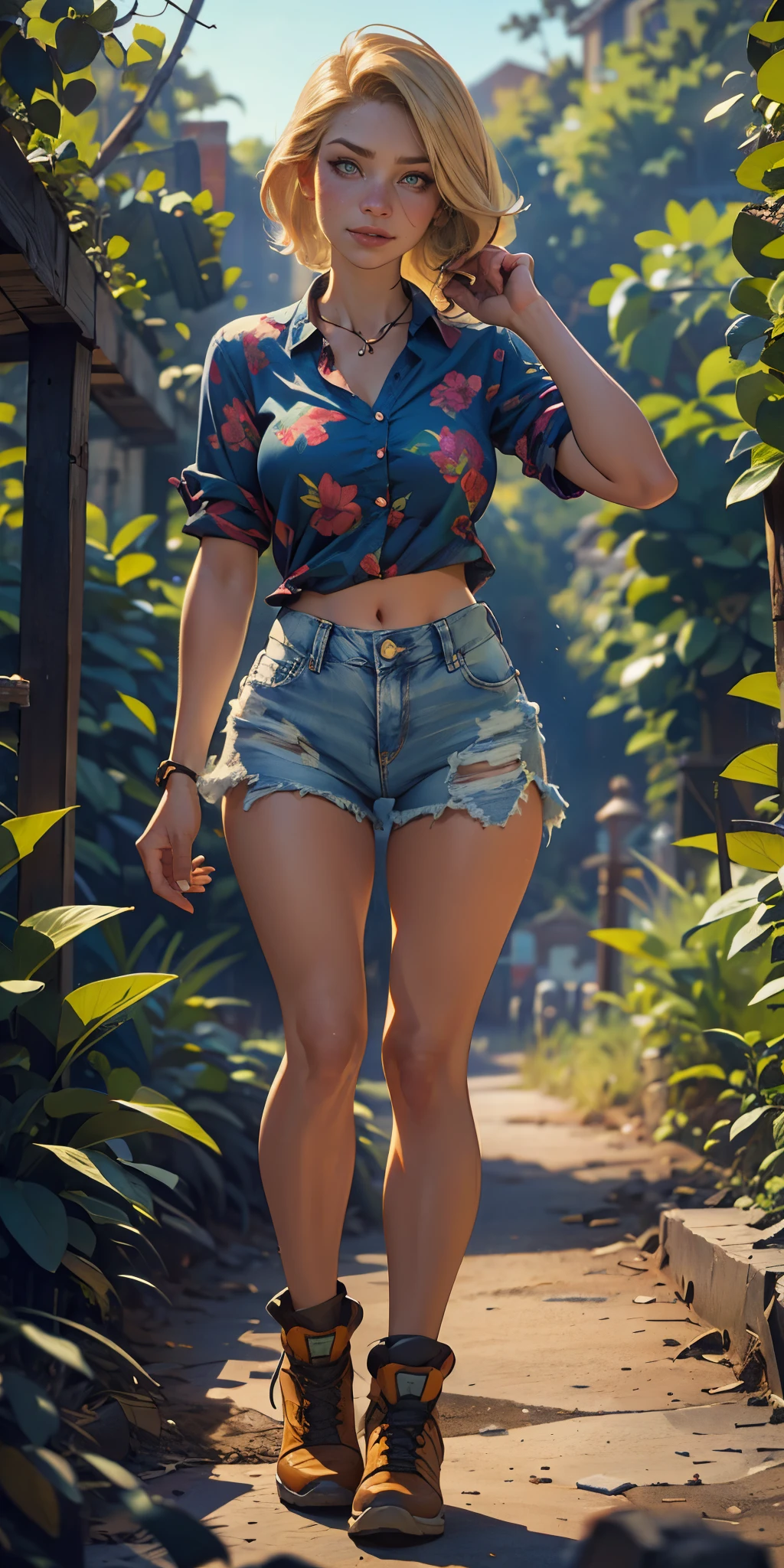 2076 year. The Urban Ruins of the Wasteland, Female huntress picking fruit in the garden, beautiful face, blonde, badly torn shirt and denim shorts ,  long legs, sweating through, sun rising, Nice warm colors, head to toe full body shot