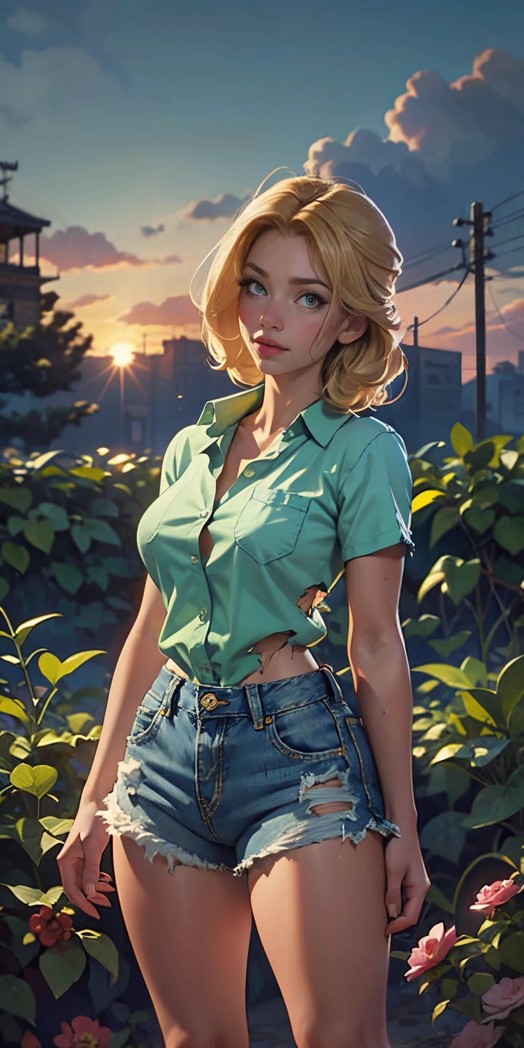 2076 year. The Urban Ruins of the Wasteland, Female huntress picking fruit in the garden, beautiful face, blonde, badly torn shirt and denim shorts , long legs, sweating through, sun rising, Nice warm colors, head to toe full body shot