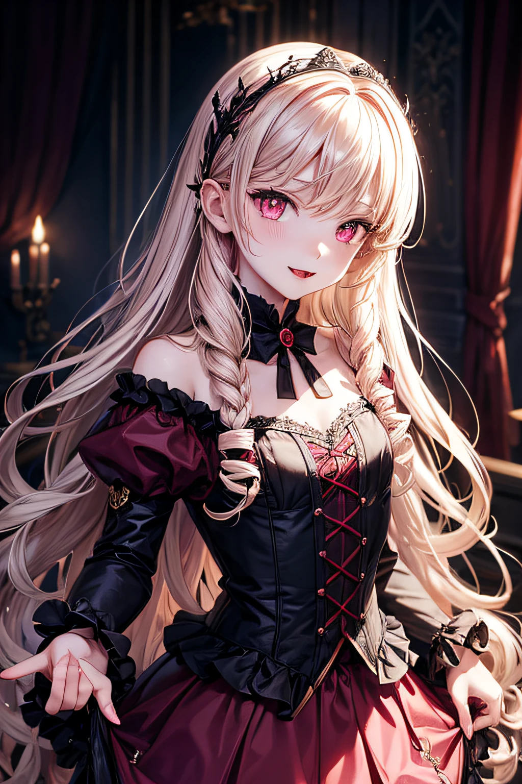Vampire, noble European style, European classical style, gorgeous tutu skirt, delicate face, noble and cute pink eyes, small fangs, long curly hair