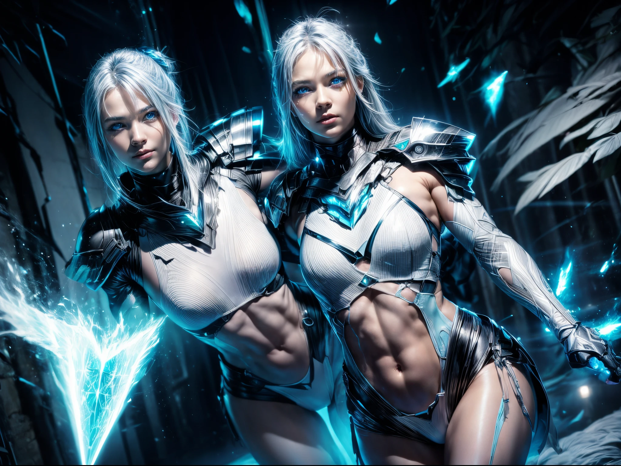 (​masterpiece), realistic, cinematic light,14-year-old, a girl is fighting a big white tiger in the jungle, full body, from below and side, beautiful eyes, silver hair, perfect anatomy, very cute, (blue eyes), bio luminescent, 8 class large, 8K, human hands, character sheets, concept-art, smooth and detailed hairstyle, Fractal art, splash, eyes shed tears while holding back the pain, open mouth and stick your tongue out,