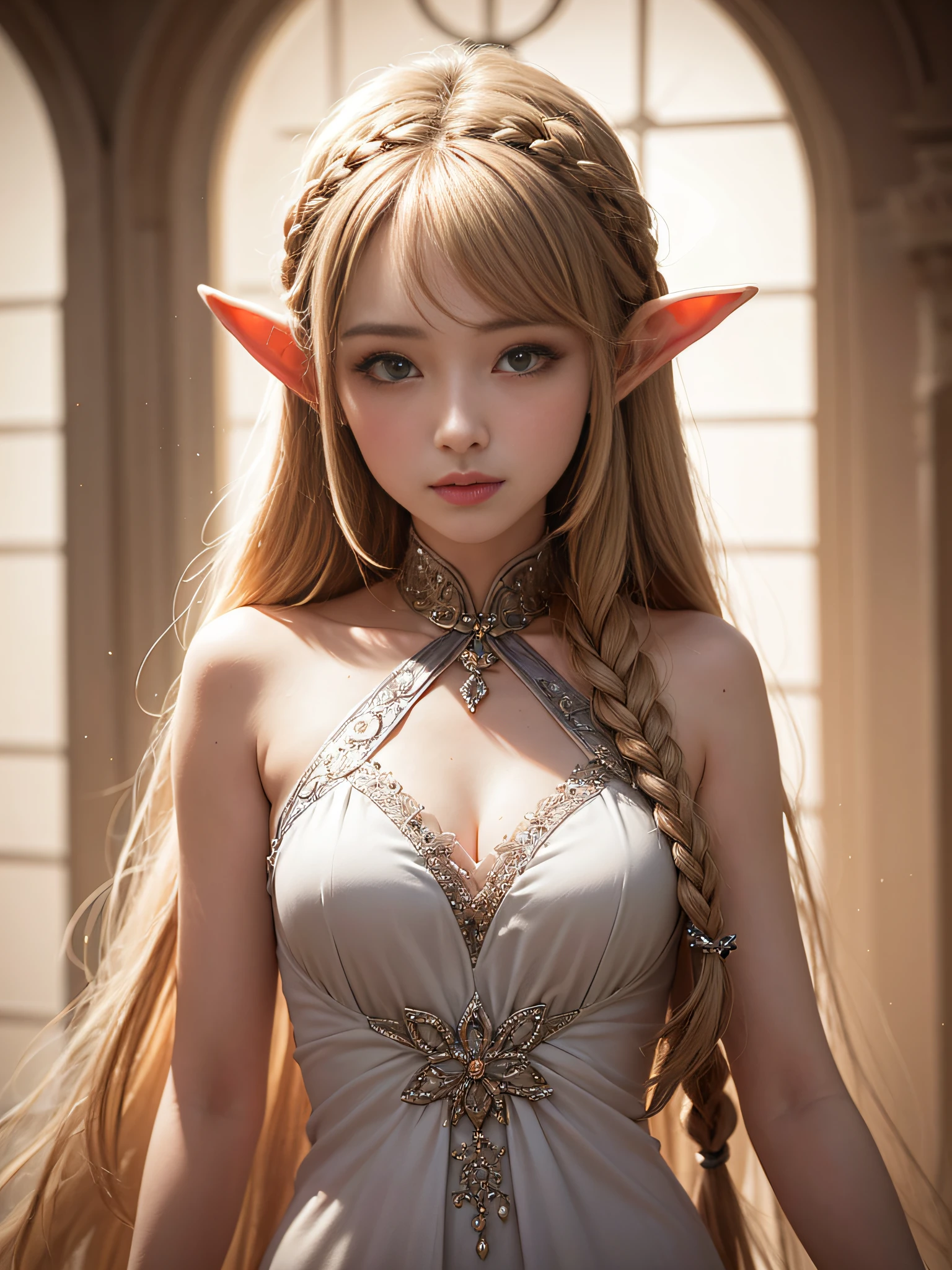 Soft natural light,cinematric light, Sideslit,Mixed exposure,neon light detail,Realistic shadows
Elf ears
The hood bow is seductive and energetic,Blurred,Extinction,Moving,tempt
Sexy lace clothing, Open V-corset
The clothes are fitted with gold edges(gilded with gold)Star pupil hair ornament necklace jewelry
Wavy detail hair,Peony flowers bloom bright red tattoos,Delicately show the texture and texture of the petals。
Art in the Dream Tree,