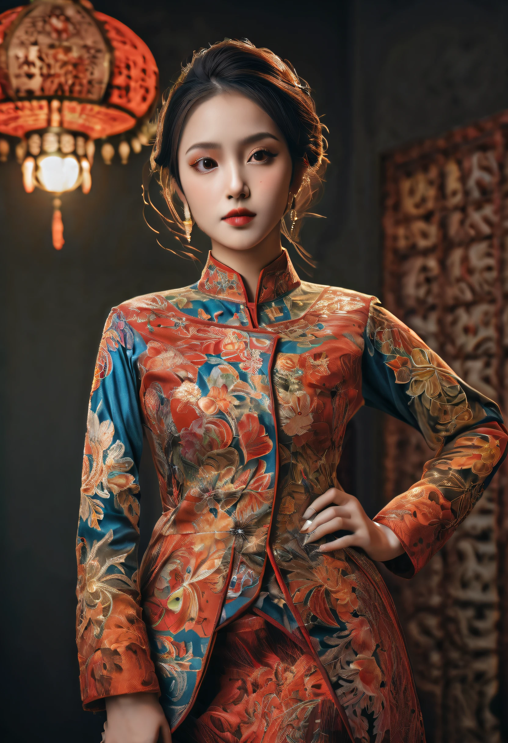 An Indonesian-styled futuristic suit worn by a girl depicting cultural fusion and modern fashion. The suit is adorned with intricate patterns and vibrant colors, showcasing the rich heritage of Indonesia. The girl stands confidently in a dynamic pose, with her detailed eyes reflecting determination and curiosity. The suit's material is a combination of traditional textiles and futuristic synthetic fabrics, giving it a unique and avant-garde appearance. The overall image quality is of the highest standard, with sharp focus and ultra-detailed rendering. The artwork employs physically-based rendering techniques, resulting in realistic lighting and shadows. The colors are vivid and vibrant, capturing the essence of Indonesian cultural aesthetics. The background features a fusion of modern architecture and traditional elements, creating a harmonious blend of the past and the future. The prompt explores the intersection of Indonesian culture, futuristic design, and the artistic representation of a confident girl.