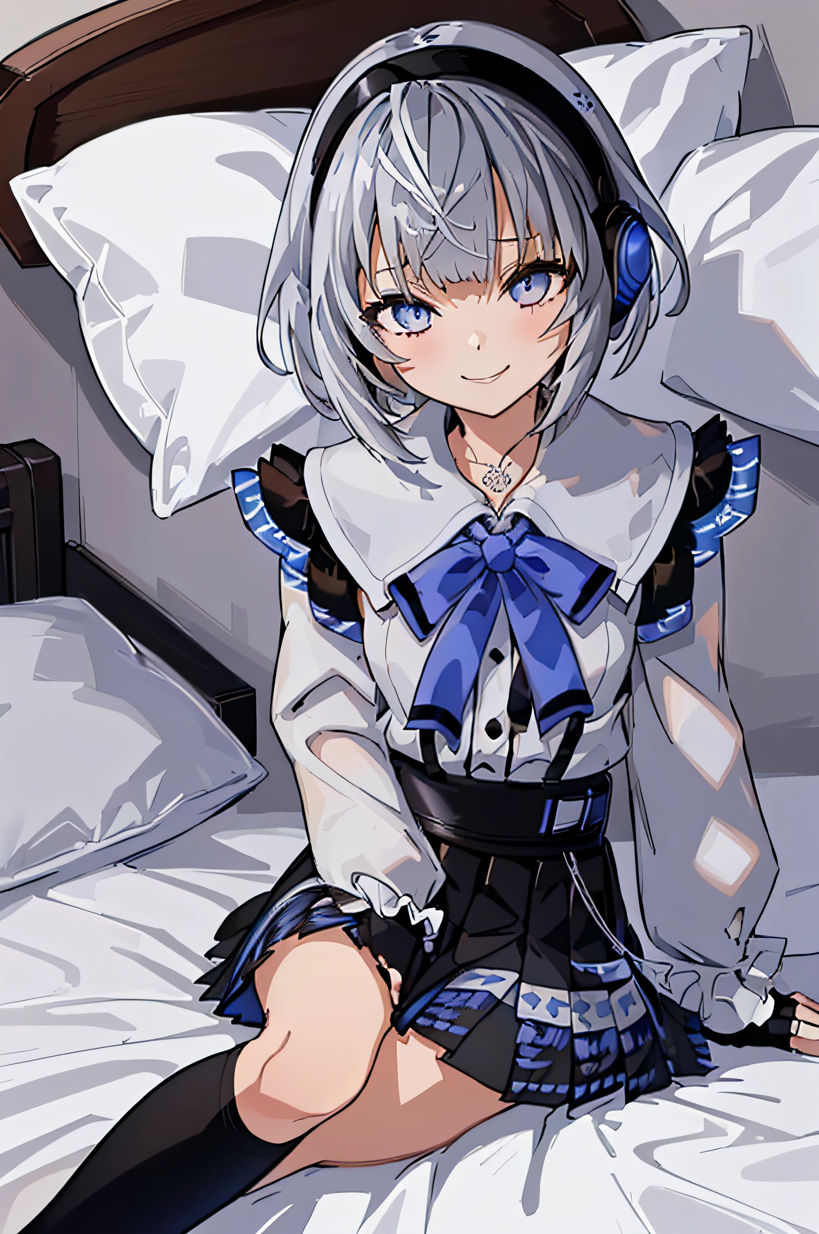 (masutepiece, Best Quality:1.2), From  above, Solo, 1girl in, Vestia3rd(Vestia 3rd), Smile, Looking at Viewer, Lying, on  back, headphones, White shirt, blue bow, Long sleeves, Fingerless gloves, Black skirt, bed