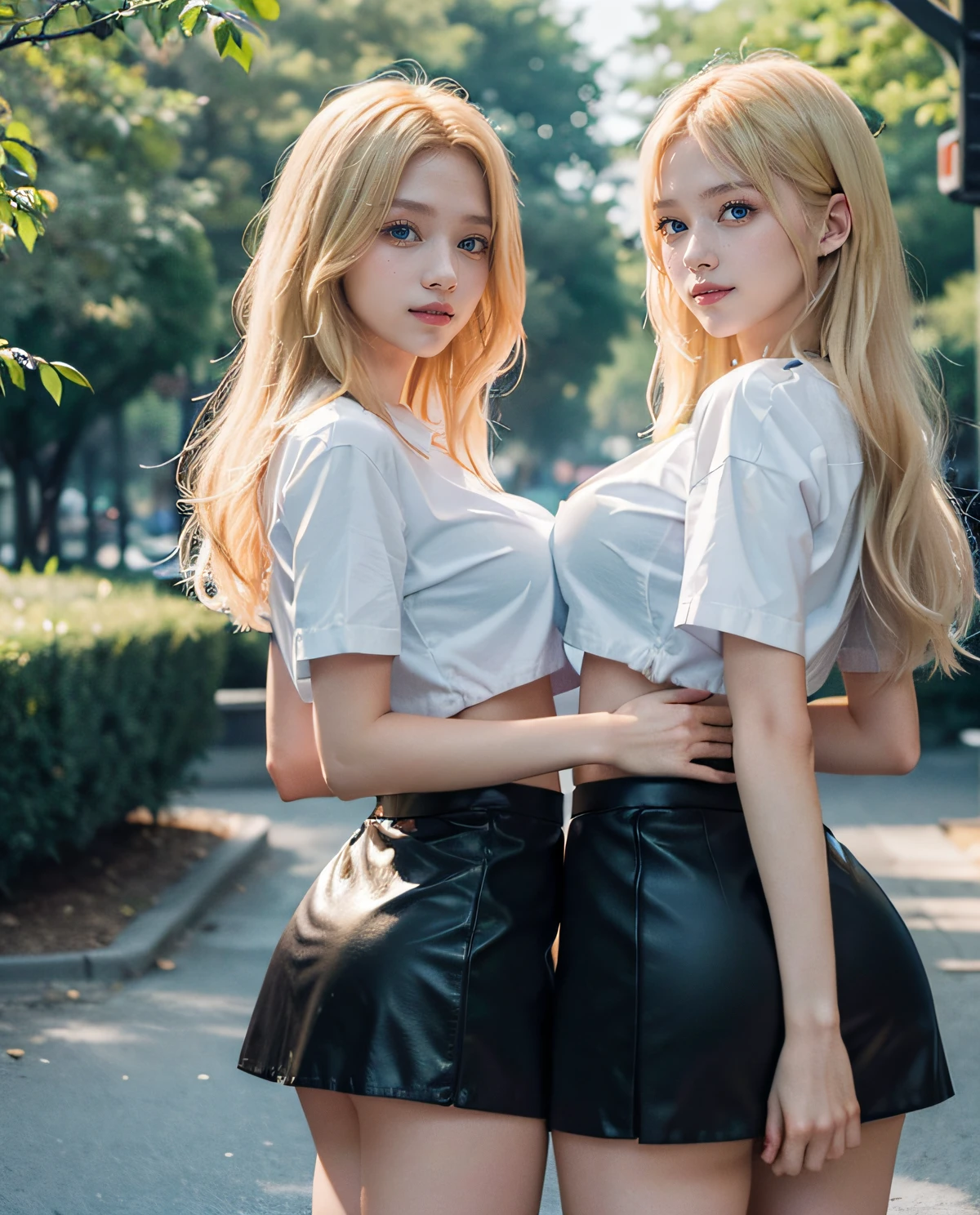 2girl, (twins), (Blue eyes), (Smile), (Sana Minatozaki), wide hips, Big Boobs, big ass, round butt, (Best Quality, 8k, Masterpiece: 1.3), perfect hands, Clear Focus: 1.2, Perfect Body Beauty: 1.4 , Slender Abs: 1.2, Highly detailed face and skin texture, detailed eyes, double eyelids, (blonde long hair), (twin sisters :1.4), (black mini skirt), (white formal shirt), standing, dynamic pose, in a park, trees in the background