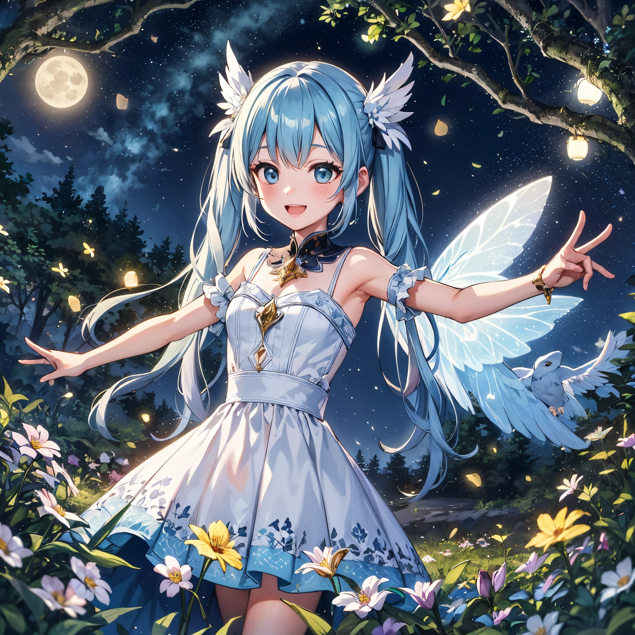 Dynamic Angle、 within a magical forest, a mystical fairy girl emerges, Light blue long hair、Hairstyle is Twintails、adorable smiling、Moonlight twinkle, flower bloom、There is a pure white owl、The tree々While flapping its wings in the sparkling fireflies, the air resonates with the ethereal symphony of nature's whispers, Creating a field where dreams and reality intersect,Fantasy worldview
