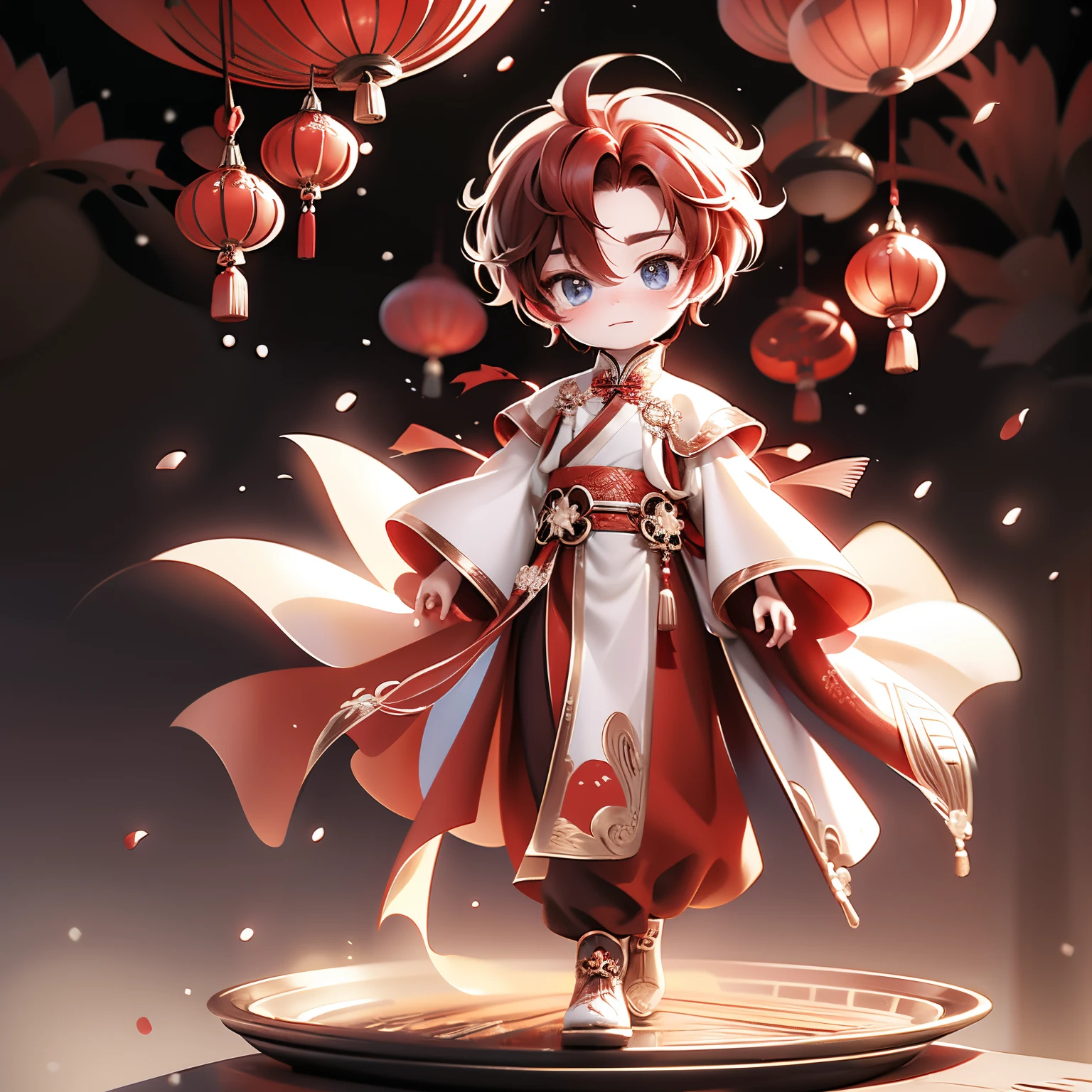 (Fine，4k，High resolution，​masterpiece：1.2), tchibi, 1 handsome man, Adults, Redhead, red hair, short side hair, raised bangs, forehead, Exquisite eyes and exquisite face, perfect blue eyes ,slender eyes, China_Hanfu, China_Dresses, China_boots, Taoist, robe, Gorgeous embroidery, red clothing, Red boots, softlighting, ssmile, Hand holding gift box, ((Full body photo)), Stand up, model, snowy landscape, snowflower, shiny snow, snowflakes falling, Snowy background, magical background, snow landscape, Christmas, Christmas background, Decorations with Christmas elements, Lights with Christmas elements, Christmas gift box, Stacks of gift boxes, A set of simple image illustrations exclusive to stickers, Chibi style ,Guvitz, Anime style, Look at the camera, reindeer