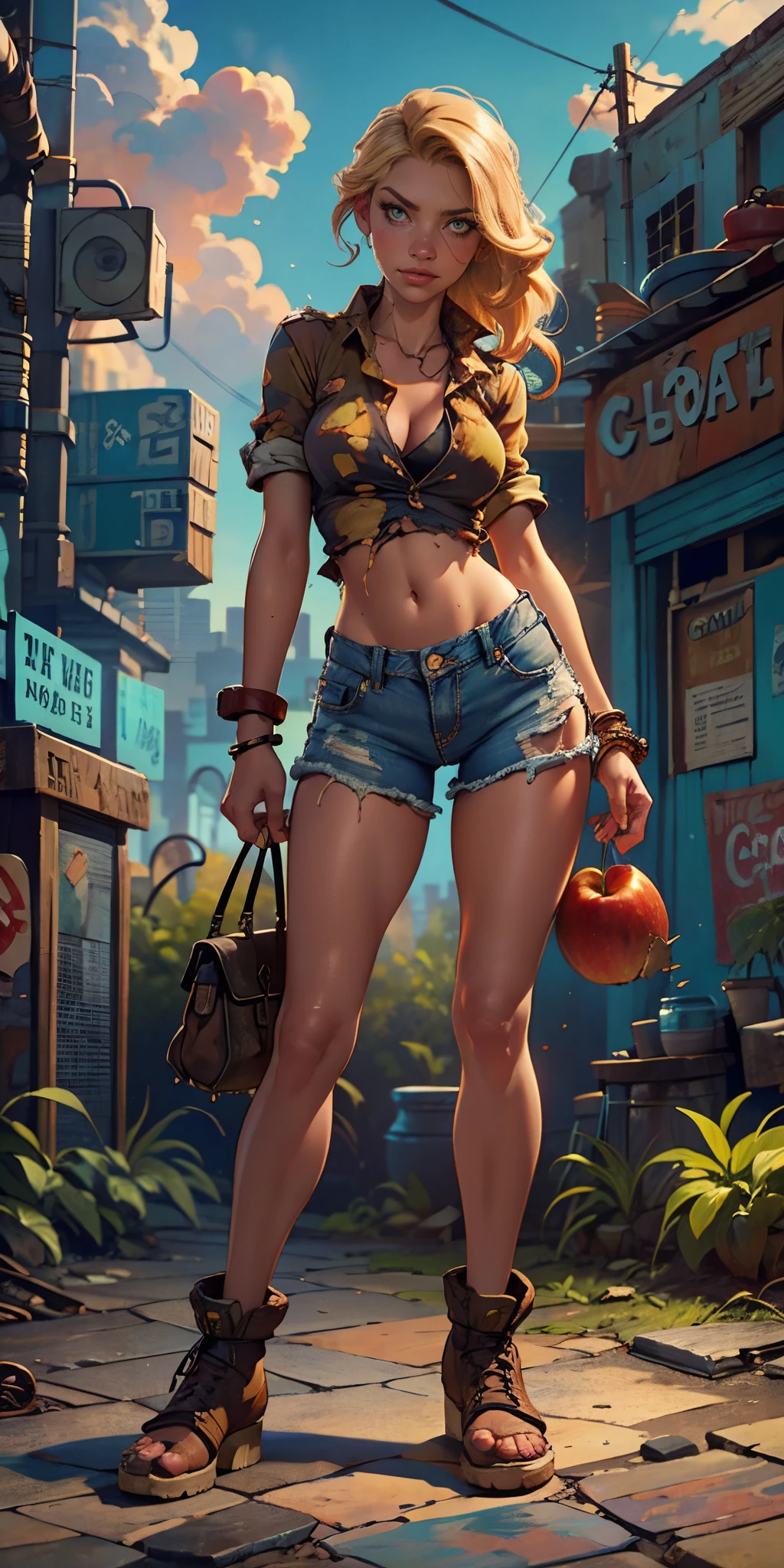 2076 year. The Urban Ruins of the Wasteland, Female huntress picking fruit in the garden, beautiful face, blonde, torn shirt and denim shorts , long legs, sweating through, sun rising, Nice warm colors, head to toe full body shot