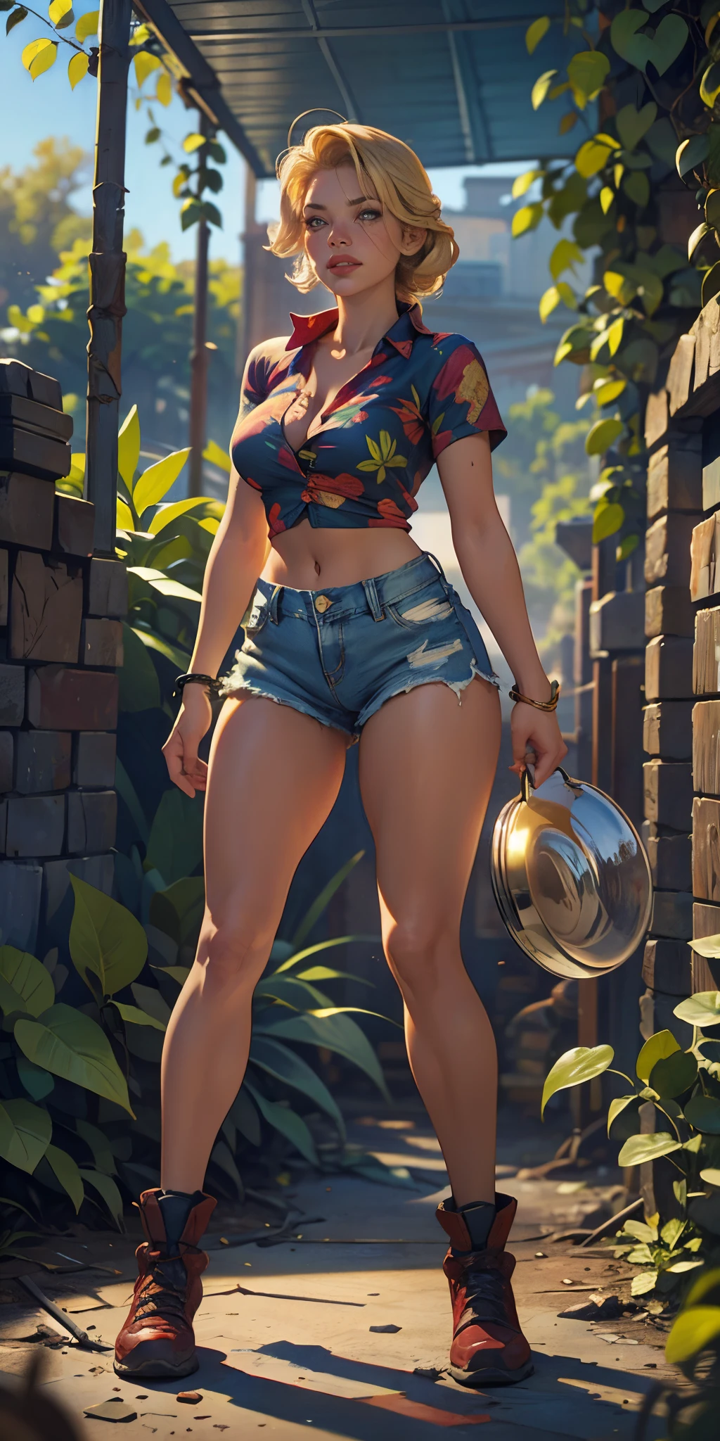 2076 year. The Urban Ruins of the Wasteland, Female huntress picking fruit in the garden, beautiful face, blonde, badly torn shirt and denim shorts ,  long legs, sweating through, sun rising, Nice warm colors, head to toe full body shot