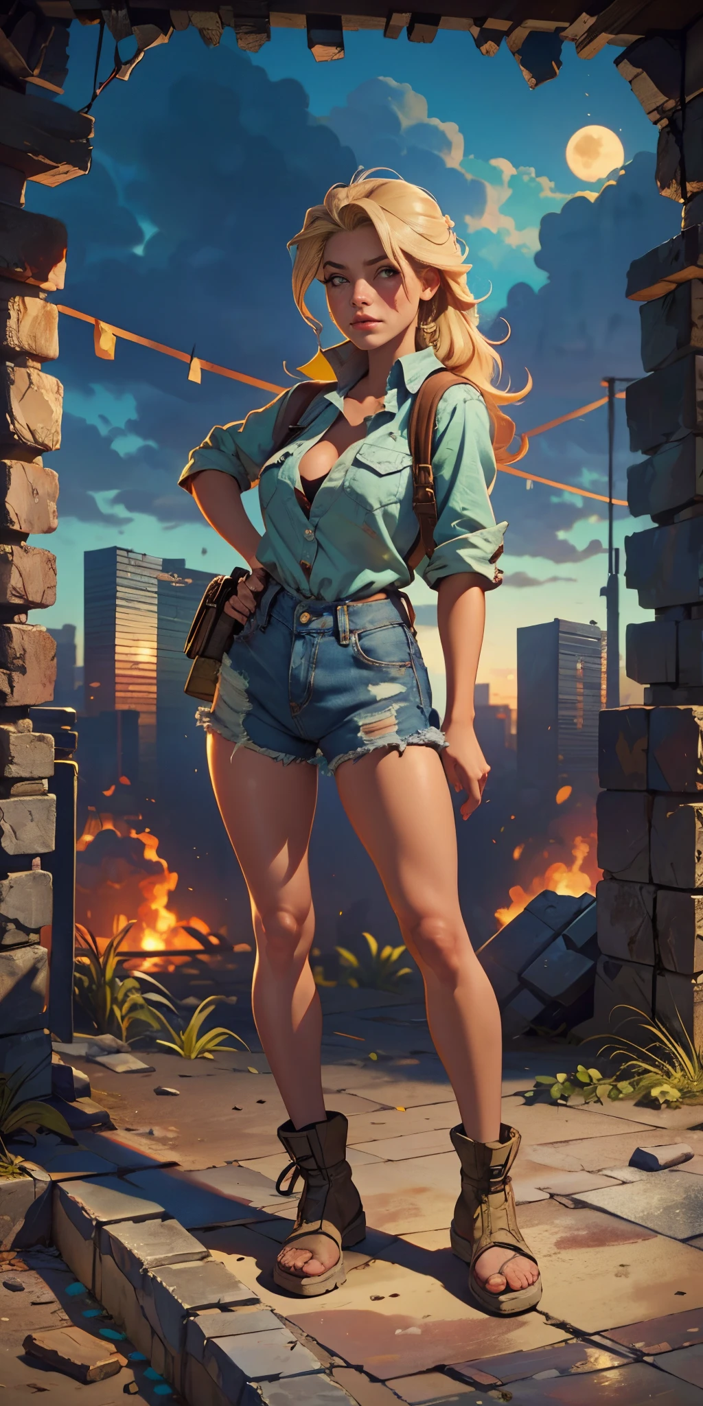 2076 year. The Urban Ruins of the Wasteland, Female huntress picking fruit in the garden, beautiful face, blonde, badly torn shirt and denim shorts , long legs, sweating through, sun rising, Nice warm colors, head to toe full body shot