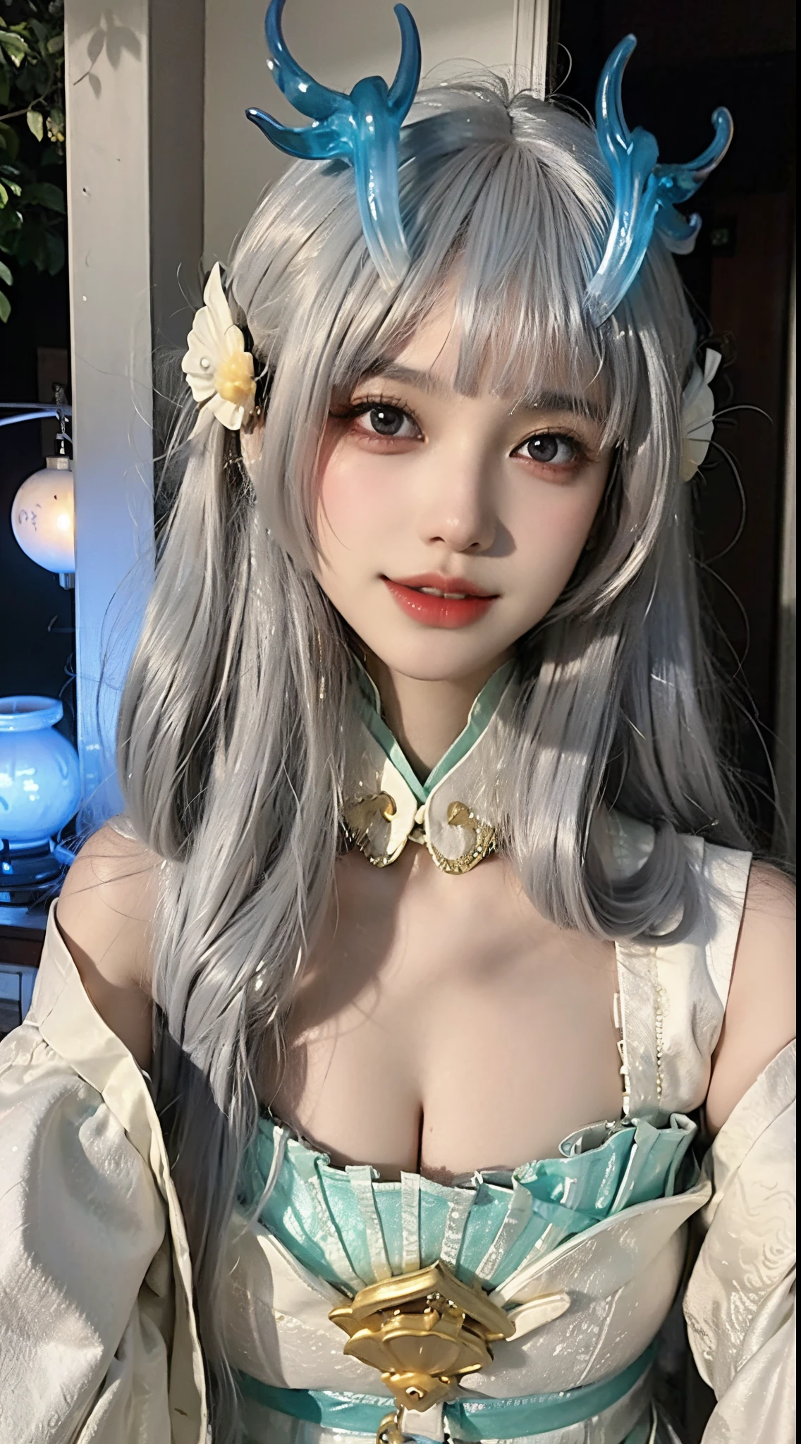 a close up of a woman sitting on a chair with a flower in her hair, computer graphics by Lü Ji, trending on cg society, rococo, anime barbie doll, anime thai girl, popular korean makeup