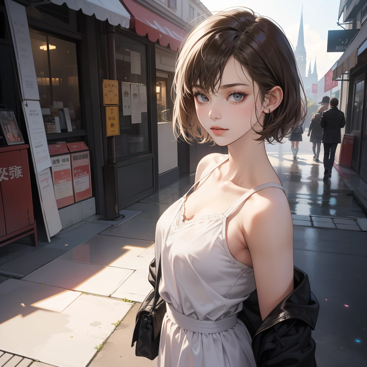 Masterpiece, Best quality, Realistic, 1人, cute female, Sexy and charming girl, 20-year-old girl, Very attractive looking girl, Extremely detailed face, ((dark gray eyes)), ((Right sweep dark brown short hair)),((short hair girl))， [Slender eyebrows], Detective, International city, Short white dress，Bigchest，Leaky shoulders，White sneakers，Pink stockings， Cinematic lighting, holding dagger, Postural dynamics,eyes looking at viewer，On the street，natta