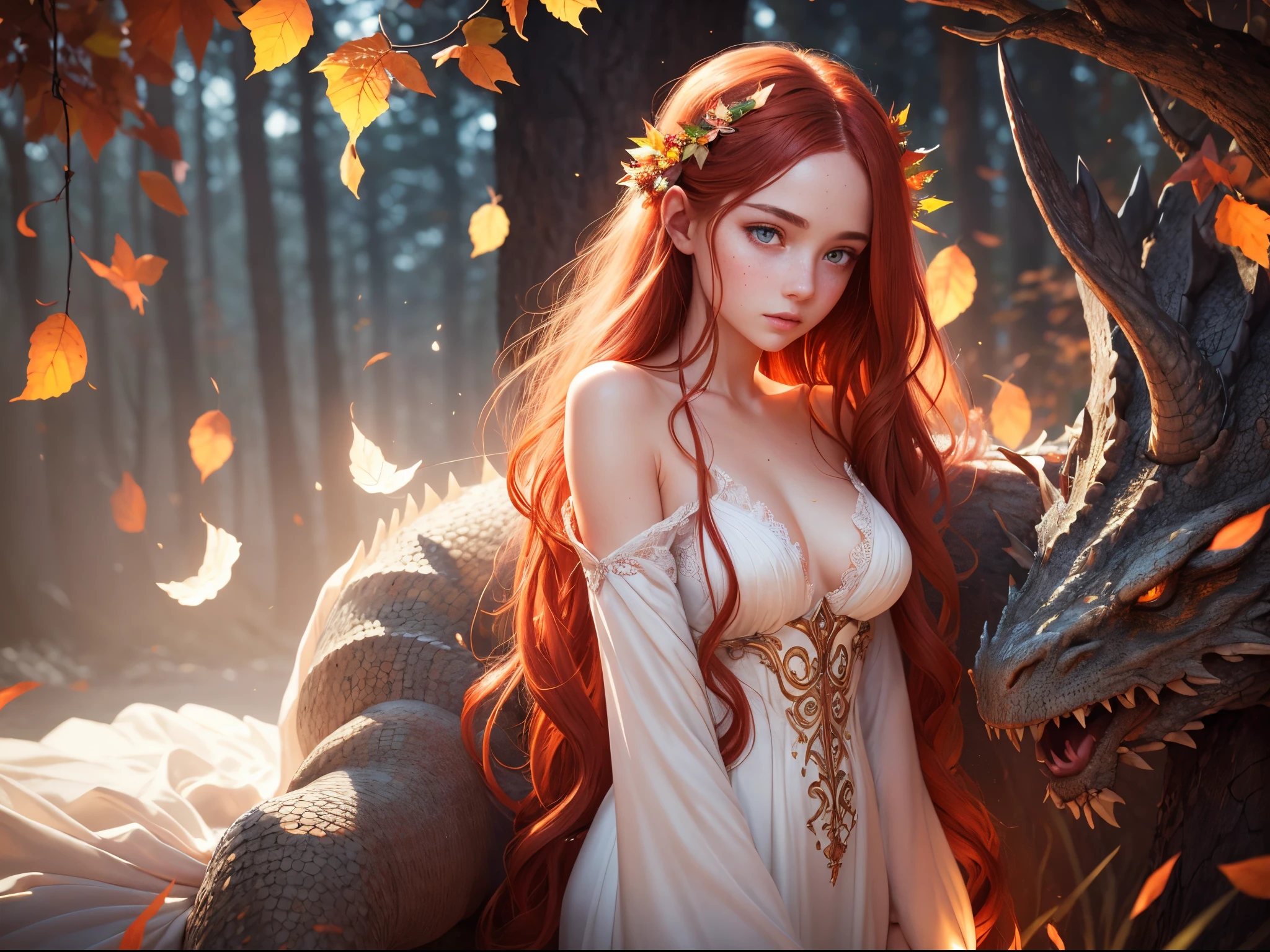 stunningly beautiful woman in white dress, beautiful face, sleeping in front of a dragon, blush, freckles, very long wavy red hair, green grey eyes, pale white skin, blush, orange flames spread from her arms throughout her surroundings, magical ambient, ((glowy magic)), magical red vines, autumn, magical dark forest, leafs falling everywhere, fantasy, small breasts, symmetrical eyes, symmetrical iris, symmetrical anatomy, highly detailed hands, detailed iris, wide hips, highly detailed body, extremely detailed skin pores, UHD, 16k
