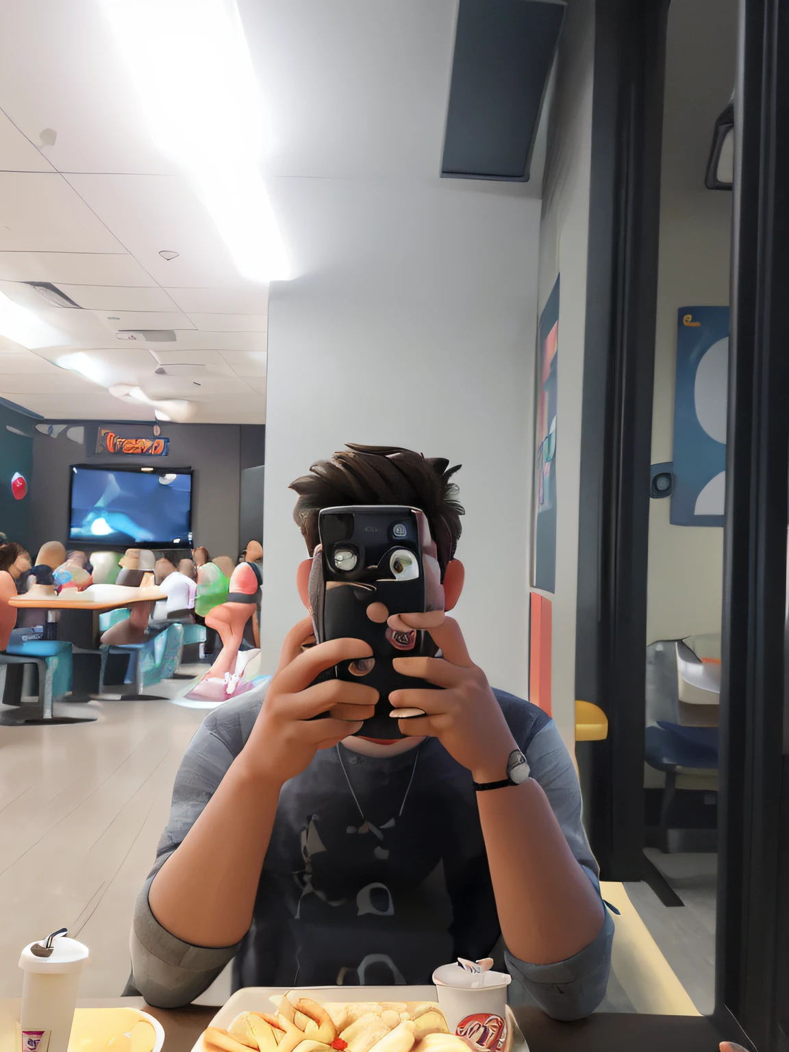 taking a picture with his boyfriend while using a smartphone, while eating in fast food restaurant
