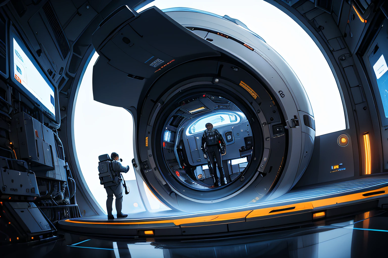 nside the spacious space capsule, there is a sense of technology, several scientists are wearing spacesuits, working, bright pictures, different equipment, futuristic sense, photography master, factory machine details, ultra-wide angle, high realism, light and dark