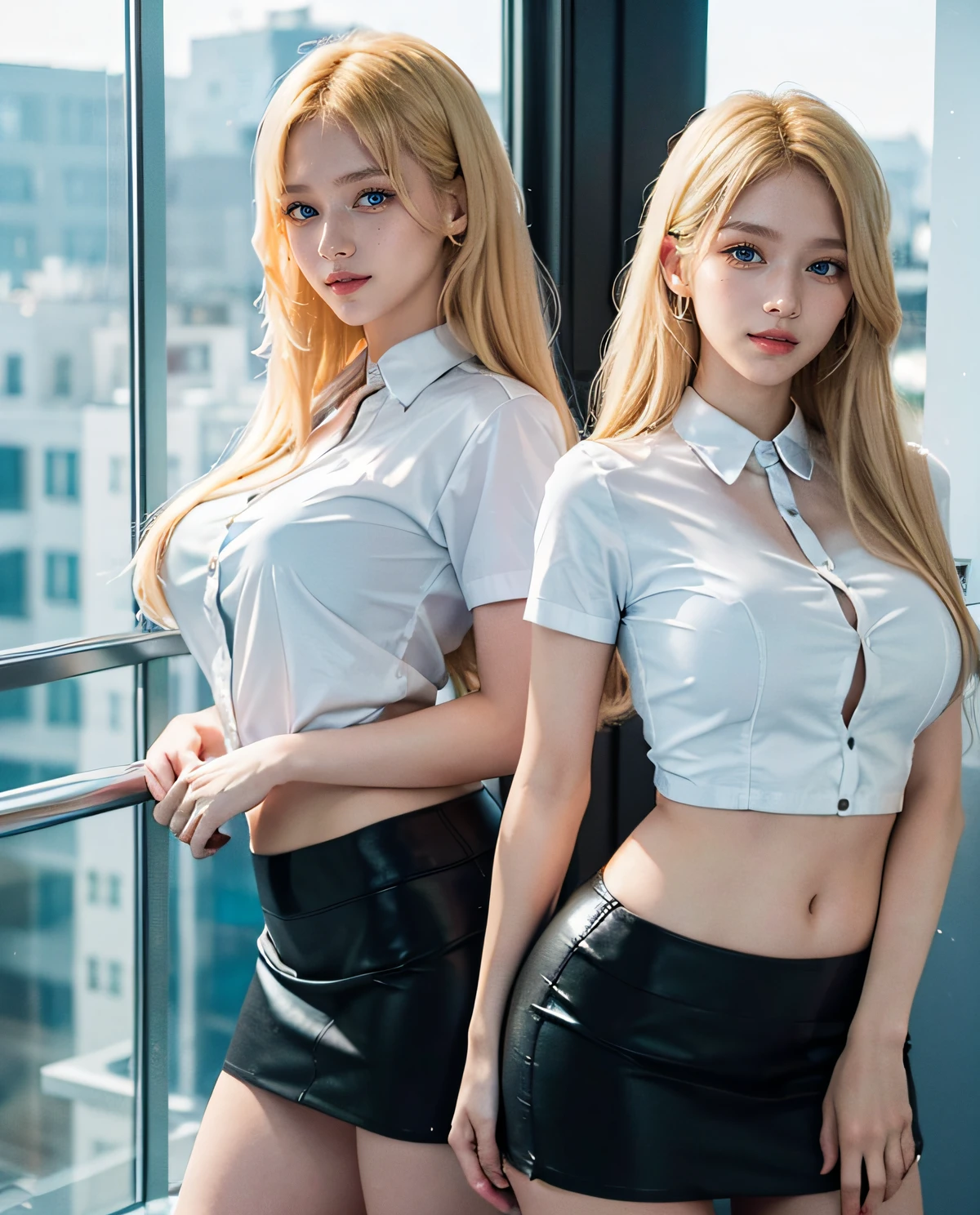 2girl, (twins :1.2), (Blue eyes), (Smile), (Sana Minatozaki), wide hips, Big Boobs, big ass, round butt, (Best Quality, 8k, Masterpiece: 1.3), perfect hands, Clear Focus: 1.2, Perfect Body Beauty: 1.4 , Slender Abs: 1.2, Highly detailed face and skin texture, detailed eyes, double eyelids, (blonde long hair), (((with his twin sister :1.4))), (black mini skirt), (white open formal shirt), standing, dynamic pose, in an office, computer in the background