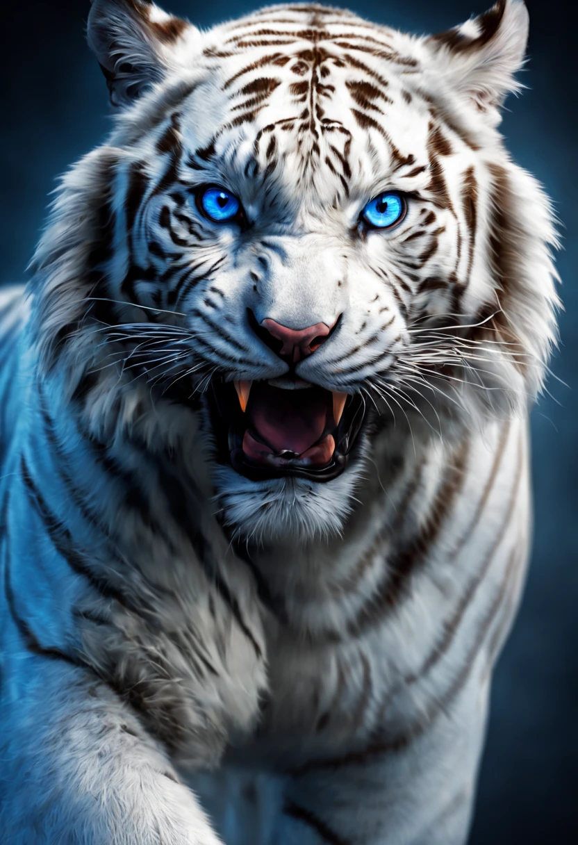 "(Best quality at best,A high resolution),actual,White Tiger,striking blue eyes,streaked,A powerful gesture,The expression is fierce,A majestic,Beautiful movements,Ferocious,Predator,The beautiful,artistation render,k hd,hyper HD,vivd colour,Delicate fur,Studio lighting,to contrast,light and shadows"
