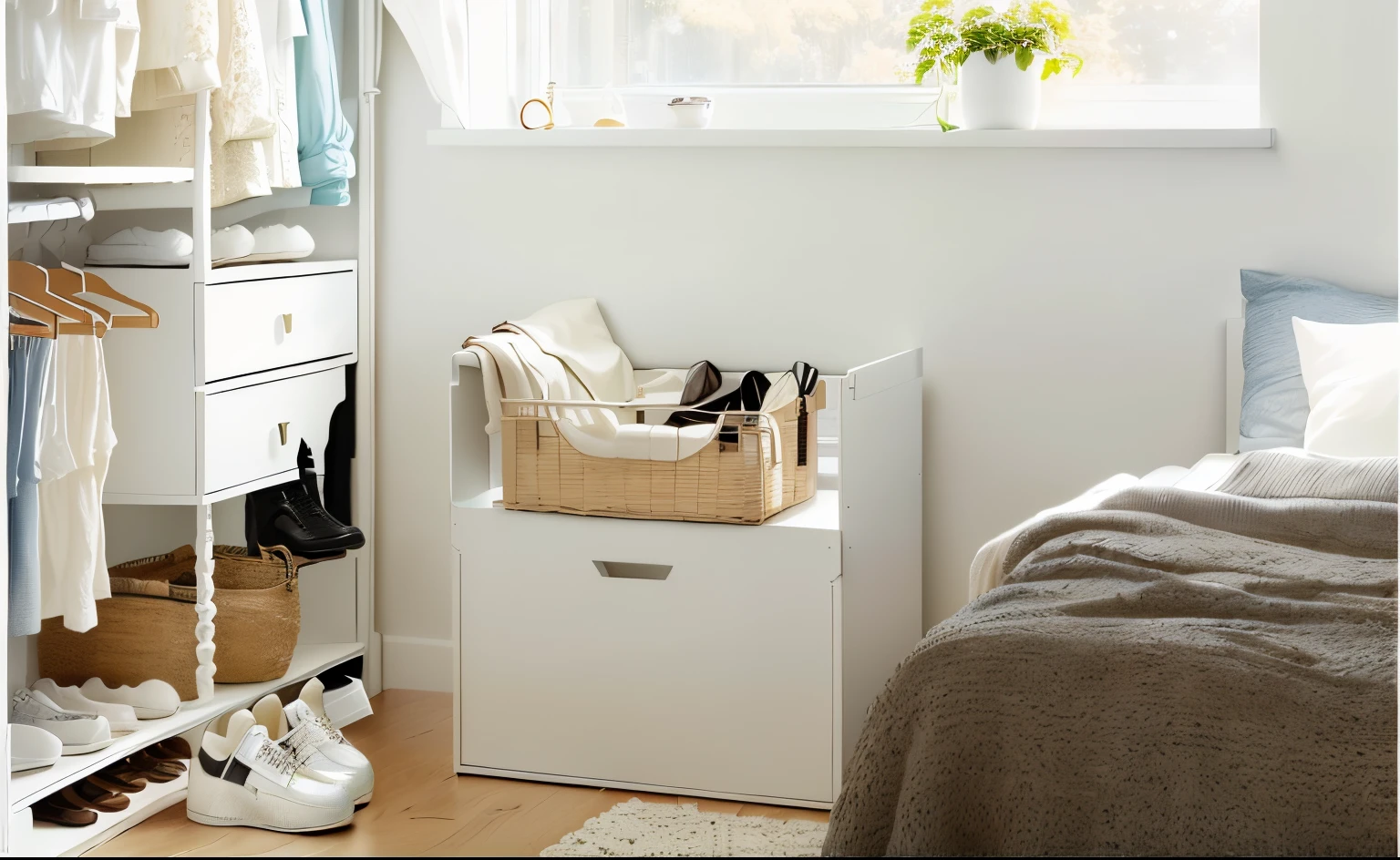 There is a black storage basket in the bedroom,There is a bed on the left,On the right is a cabinet with shoes and clothes, soft natural light, linen, clean and uncluttered, Light brown, white furniture, elegant minimalism, Cream room, A big one,, Clear detail, tmasterpiece, be full of details, rich details, sleek white, cream and white color scheme, Simple, clean and uncluttered, Soft natural light
