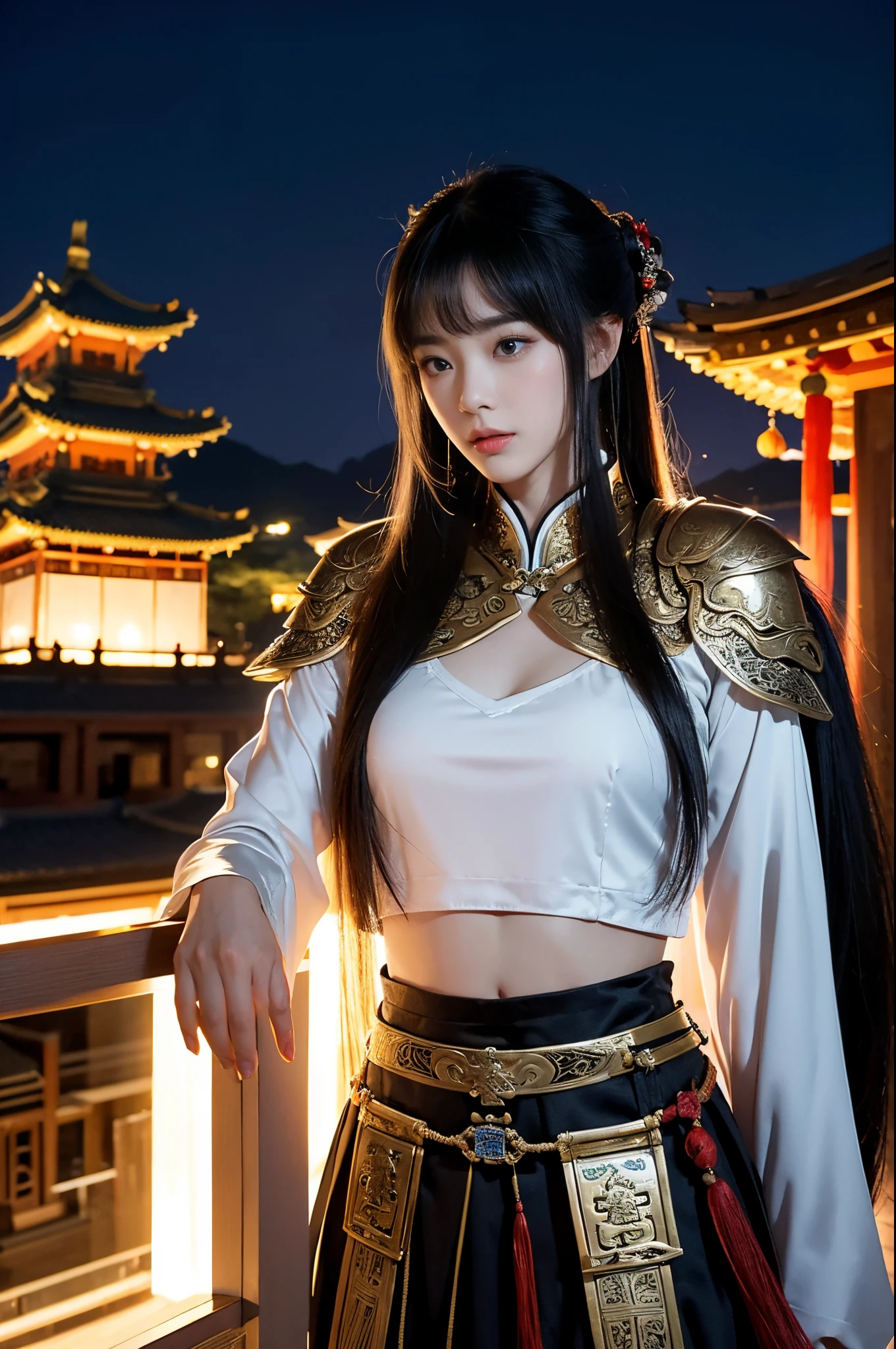 16-year-old Chinese girl with a square face shape, wearing a shiny, highly reflective latex/plastic white crop corset paired with an red Indian lehenga. She stands in the middle of a path with leading lines directing the viewer's gaze straight to her. Under hard shadows, she smiles, looking directly towards the viewer.