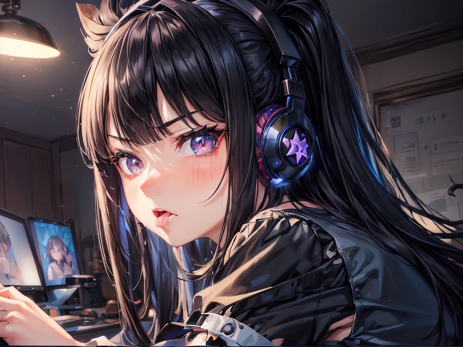 (8K, Best Quality, masutepiece:1.2)、超A high resolution、1 17-year-old female、(((long tongue)))、((Underwear)),bra very、detailed face、deep detailed eyes、 Black hair、Long,blunt bangs、Gaming Keyboard, (gaming headphone), strong facial expression,(sharp eye:1.2),(scowl:1.1),(stare at viewer with stern eyes:1.5),(bitting own lip:1.1),(angry:0.9),nose blush,(shamefull:1.2), surprised、独奏、Gaming Platform,messy room