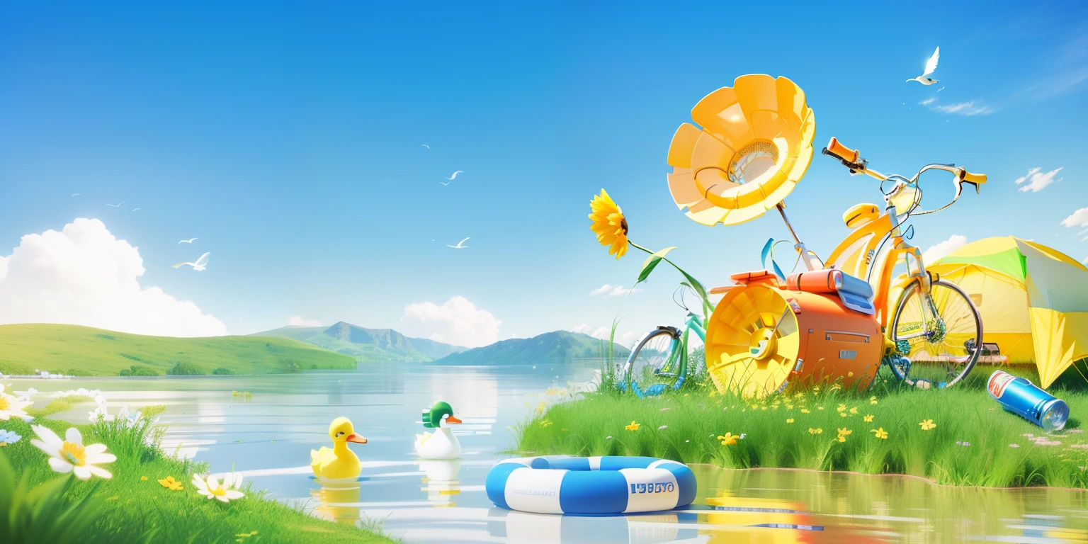 There is a cartoon picture with a blue sky, green grass, a yellow toy duck floating in the lake, a blue lifebuoy, some music speakers and seats on the grass, programmatic digital illustrations, 3D rendering, ((best quality)),the soft light,Focus on the details,two seats,A tent,a pair of headphones,3D gramophone,3D illustration,3D highest quality rendering,blue sky 1.3