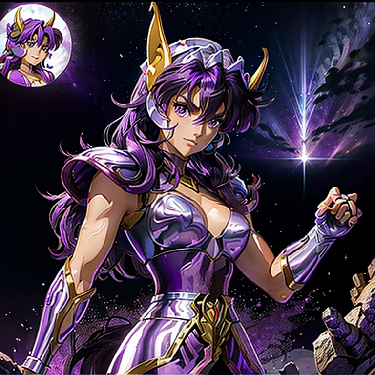 A woman wearing an armor , Saint Seiya, Unicorn Purple Armor, Dark and Purple hair, Braided long hair, , Charismatic character, Avatar de seconde vie, Nice screenshot, Femme seduisante vue complète du corps, High quality, very detailed skin