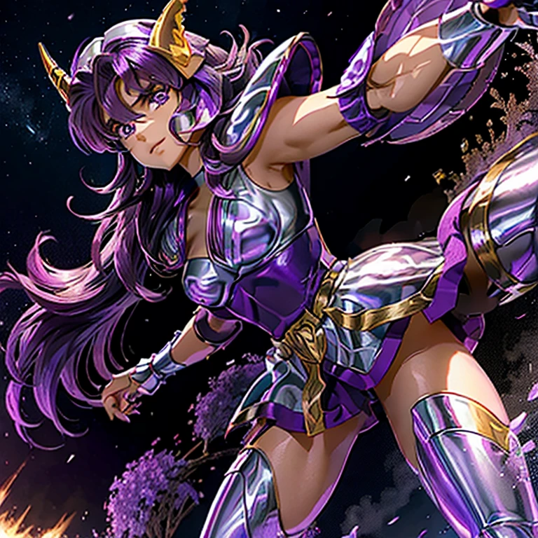 A woman wearing an armor , Saint Seiya, Unicorn Purple Armor, Dark and Purple hair, Braided long hair, , Charismatic character, Avatar de seconde vie, Nice screenshot, Femme seduisante vue complète du corps, High quality, very detailed skin