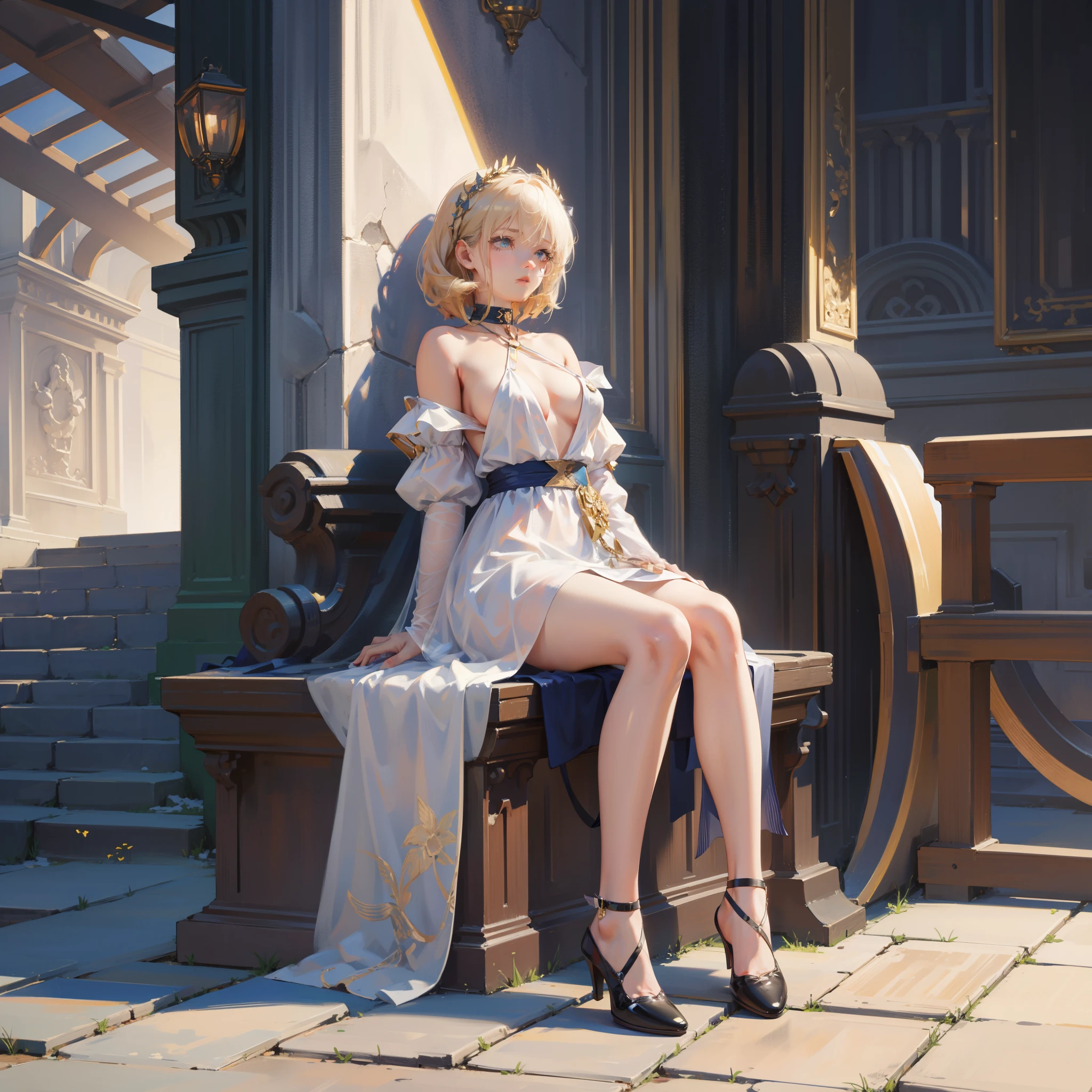 (Masterpiece),Best quality, Expressive eyes, Perfect face,W Seated, w sits on the ground, Legs on the ground, 1girll,
big breast, H-cup, Good breasts,Focalors, Cross arms, Beautiful, Gorgeous