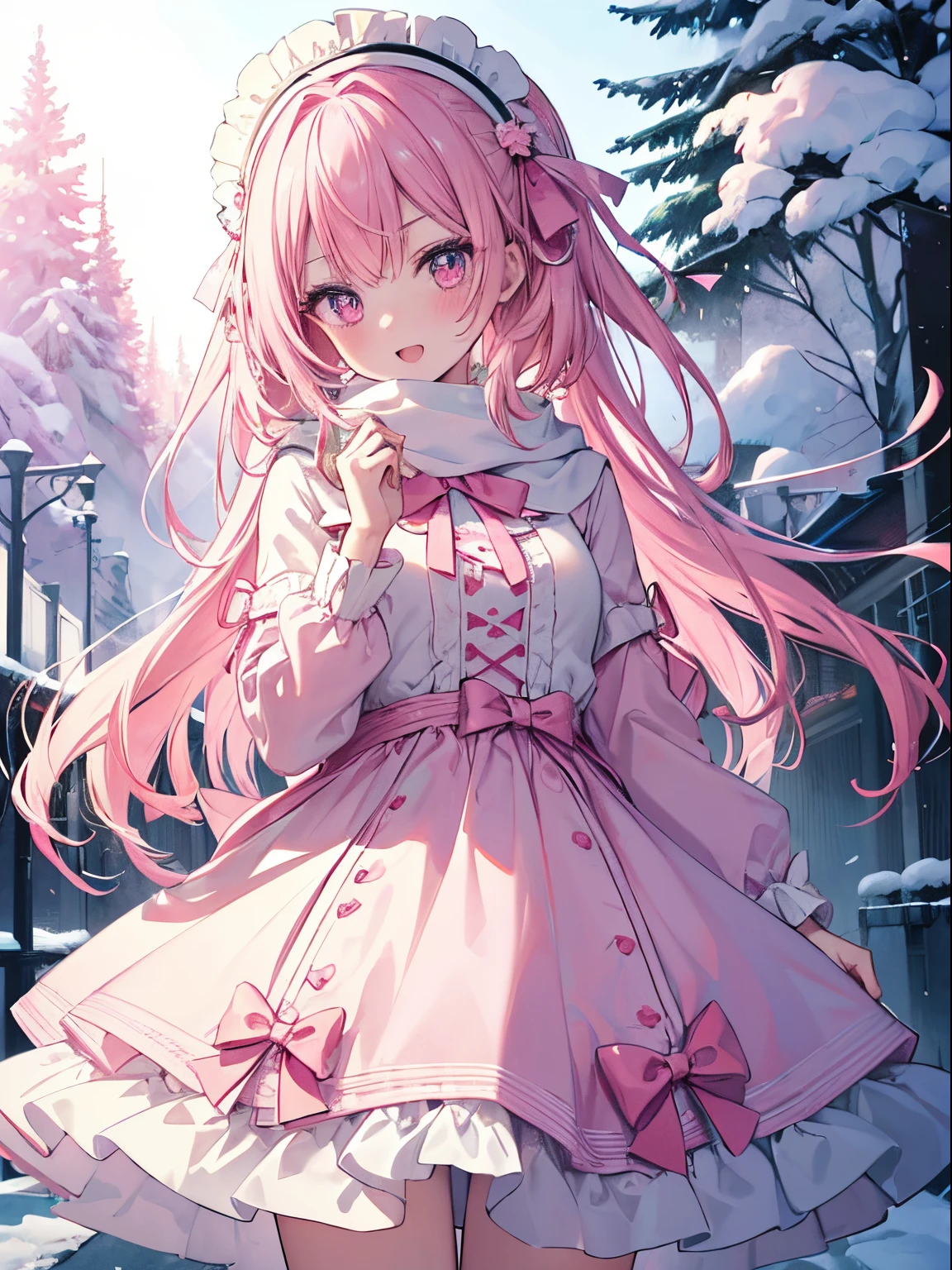 masutepiece, Highest Quality, (Perfect face:1.1), (high detailing:1.1), (ultradetailed eyes), Dramatic, superfine illustration, Extremely detailed,1girl in, (pale skin),Smile, Open mouth,gloweyes,pinkhair, (Twin-tailed),Ethereal eyes, pink eye,(light eyebrow),blush, Solo,Pouty lips,Cinematic lighting,Cowboy Shot,(theme:Pink 1:1)Lolita clothes,frilld, bow ribbon, Pink, Long sleeve, Long Muffler, coat, frilld, bow ribbon, Pink, Park, Snow, winter atmosphere