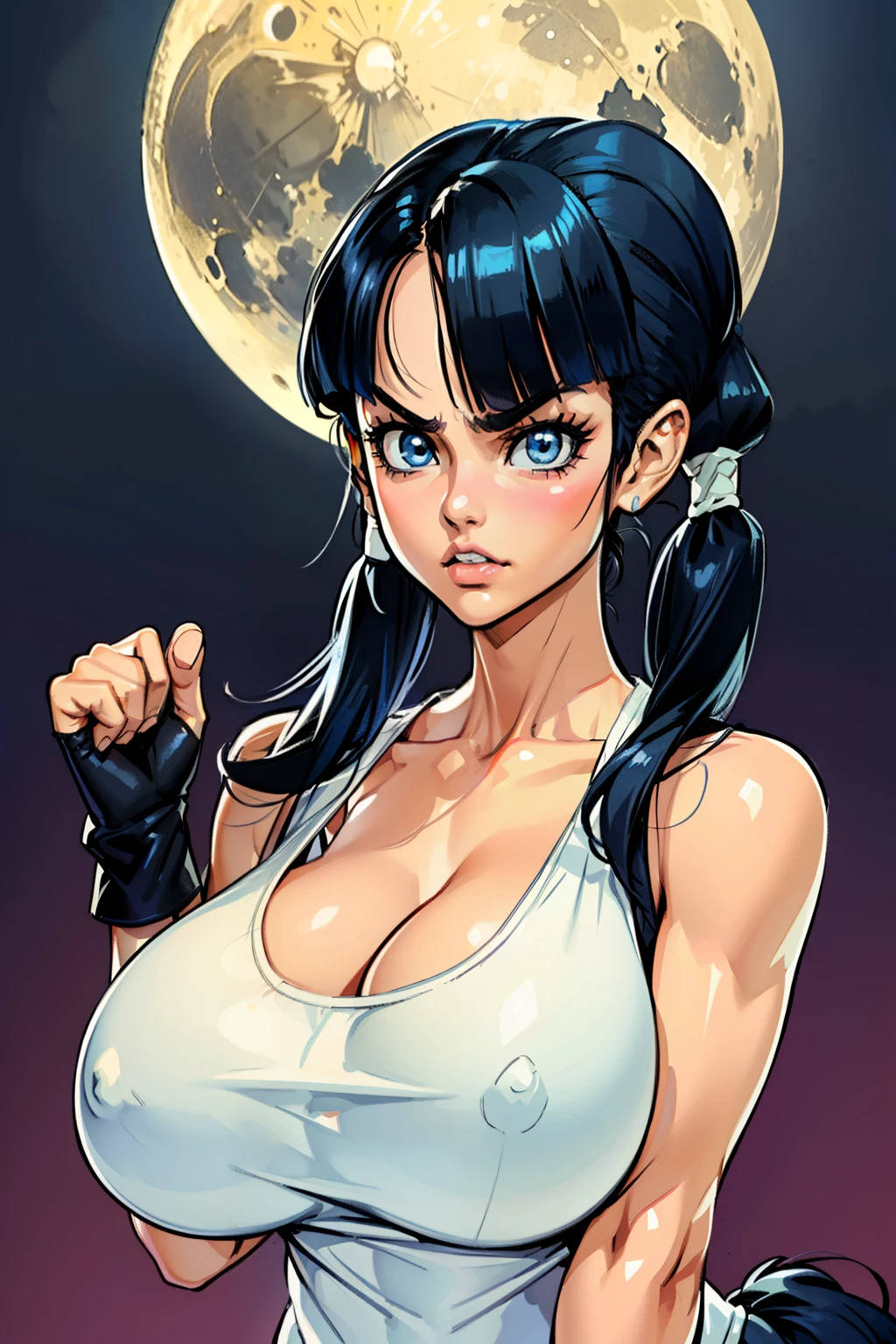 Waifu, masterpiece, curvy, breasts, moon, full moon, gloves, 1girl, clenched teeth, videl, cleavage, large breasts, teeth, ((straight black hair)), ((white tanktop:1.3)), blue eyes, rating:explicit,rule34, hardcore, tits,clenched hands, night, sky, ((side bangs:1.4)), (white skin:1.5), bare shoulders, blue hair, clenched hand, rating:questionable, ((2 low ponytails:1.5)), ((black short shorts)), solo, angry, lip biting(gigantic and massive tits:1.1), breasts, official illustration, illustration, detailed face, beautiful intricate eyes, curvy milf, 1:2), titsnipples