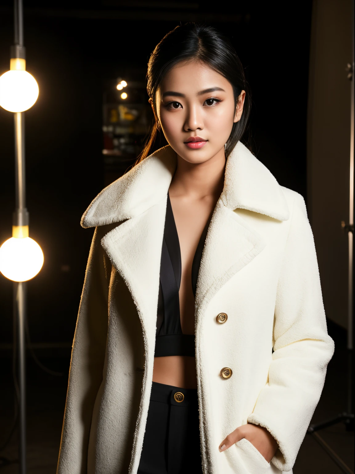 Young ,Asian model,In the background, symmetrical balls cover the entire wall and ceiling. magazine cover shoot. A hybrid model-faced young model wears an oversized, fluffy coat. their clothes are extra fluffy, cream, stone color and black. The studio floor is a little wet and the lights are reflected. The model appears full size. very realistic photo. fashion magazine cover shoot ,cinematic lighting, photorealistic,thai girl, hyperrealistic face ,she look 50% like nisha adhikari from nepal