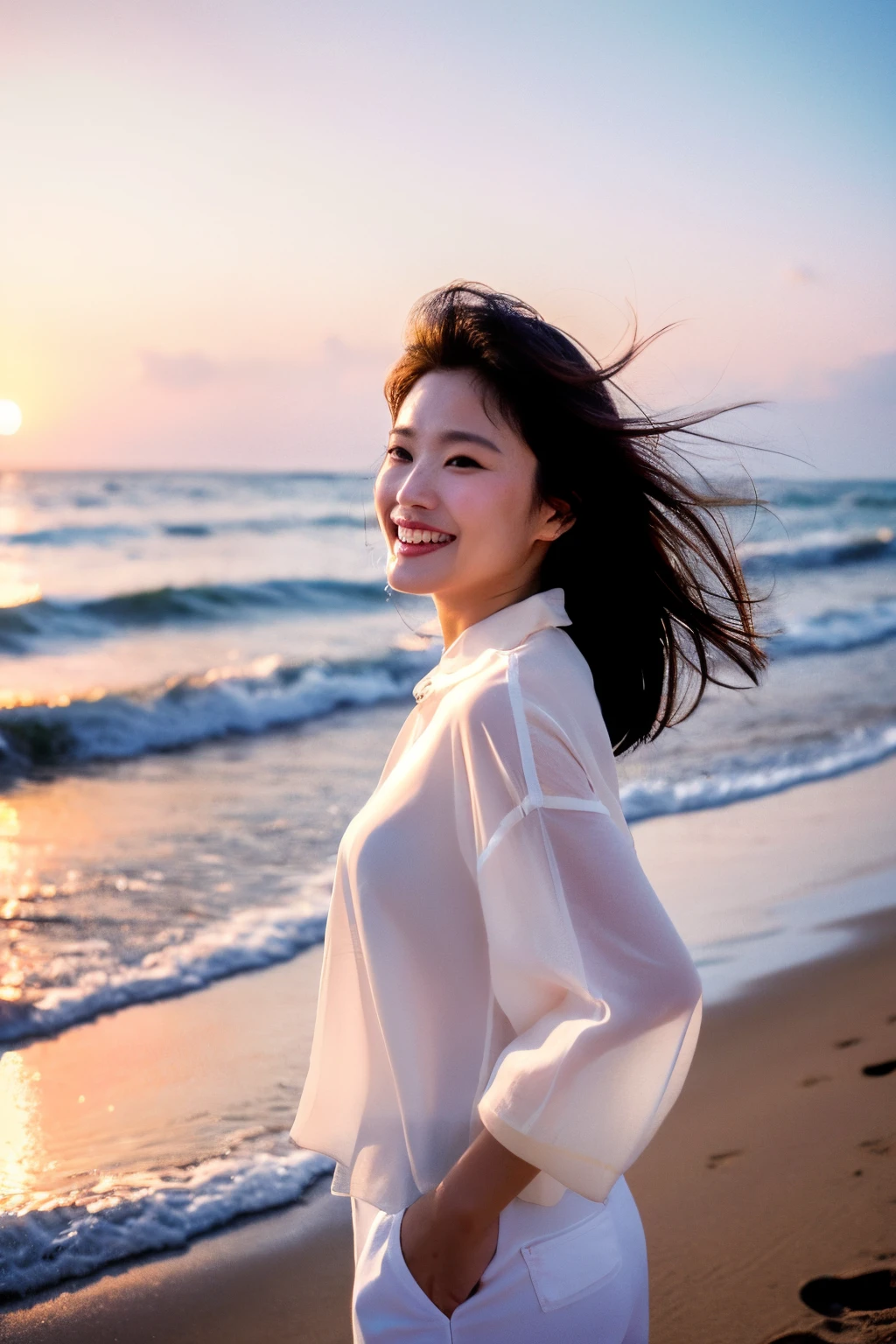 (in 8K)、top-quality、masterpiece、超A high resolution) Standing by the seaside Half of the body is used、1980s fashion White blouses、A Japanese Lady、Sunset、artistic、a smile Beauty in return cabelos preto e longos