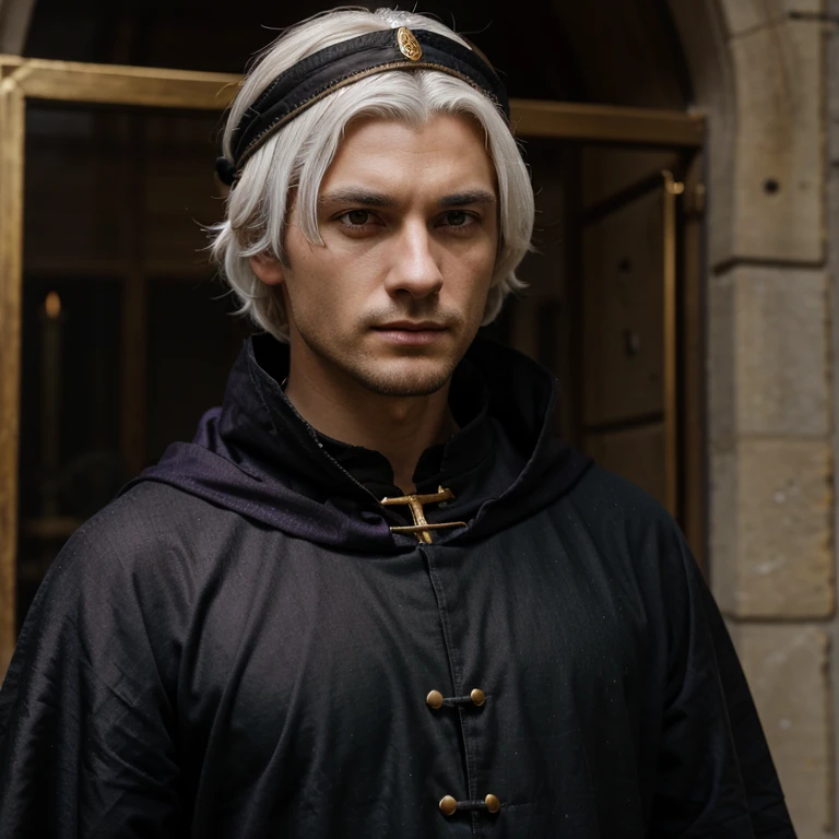 Male, mid thirties, tired, medieval clothing, black clothing, medium length hair, gold band around head, thin, white hair, purple eyes