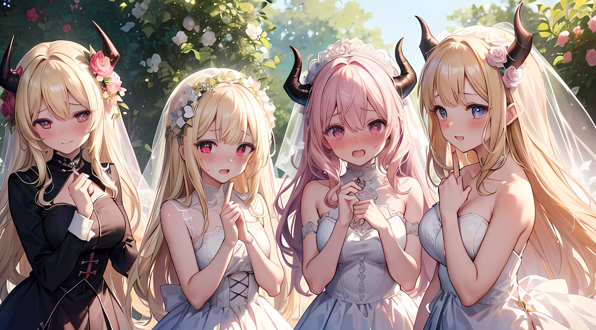 (3 demon girls), masterpieces, 8k, ultra HD, prim, wedding dress, white veil, elegant pose in garden, hand, demon girl, demon horns, blonde hair, (blushing: 1.5), open mouth, licking finger, heart eyes, garden full of flower, daytime