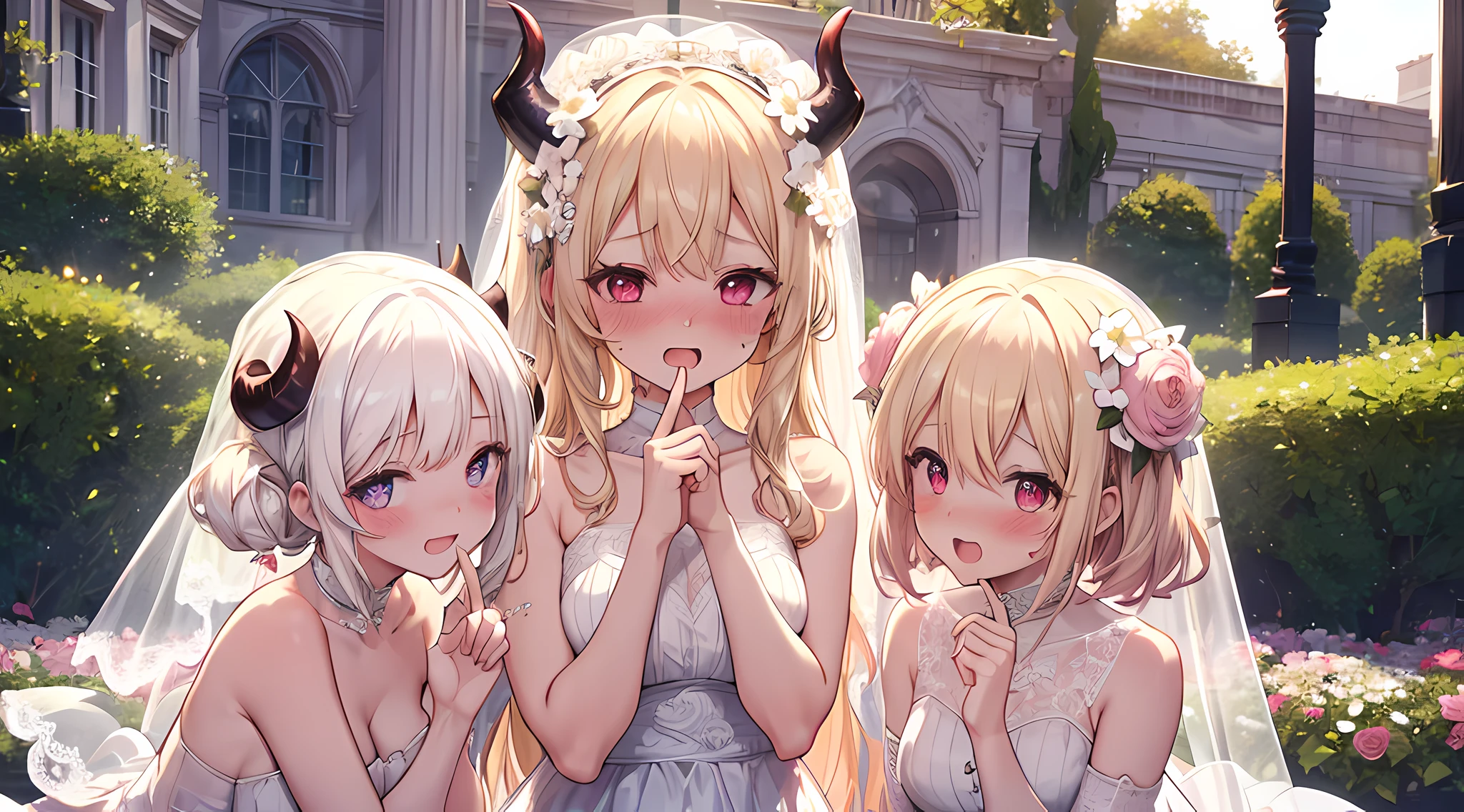 (3 demon girls), masterpieces, 8k, ultra HD, prim, wedding dress, white veil, elegant pose in garden, hand, demon girl, demon horns, blonde hair, (blushing: 1.5), open mouth, licking finger, heart eyes, garden full of flower, daytime