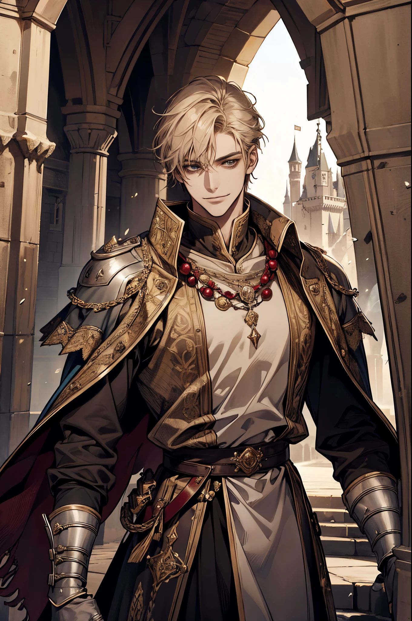 1male, solo, adult, handsome, tall, prince, royalty, medieval fantasy, in castle, cruel smile