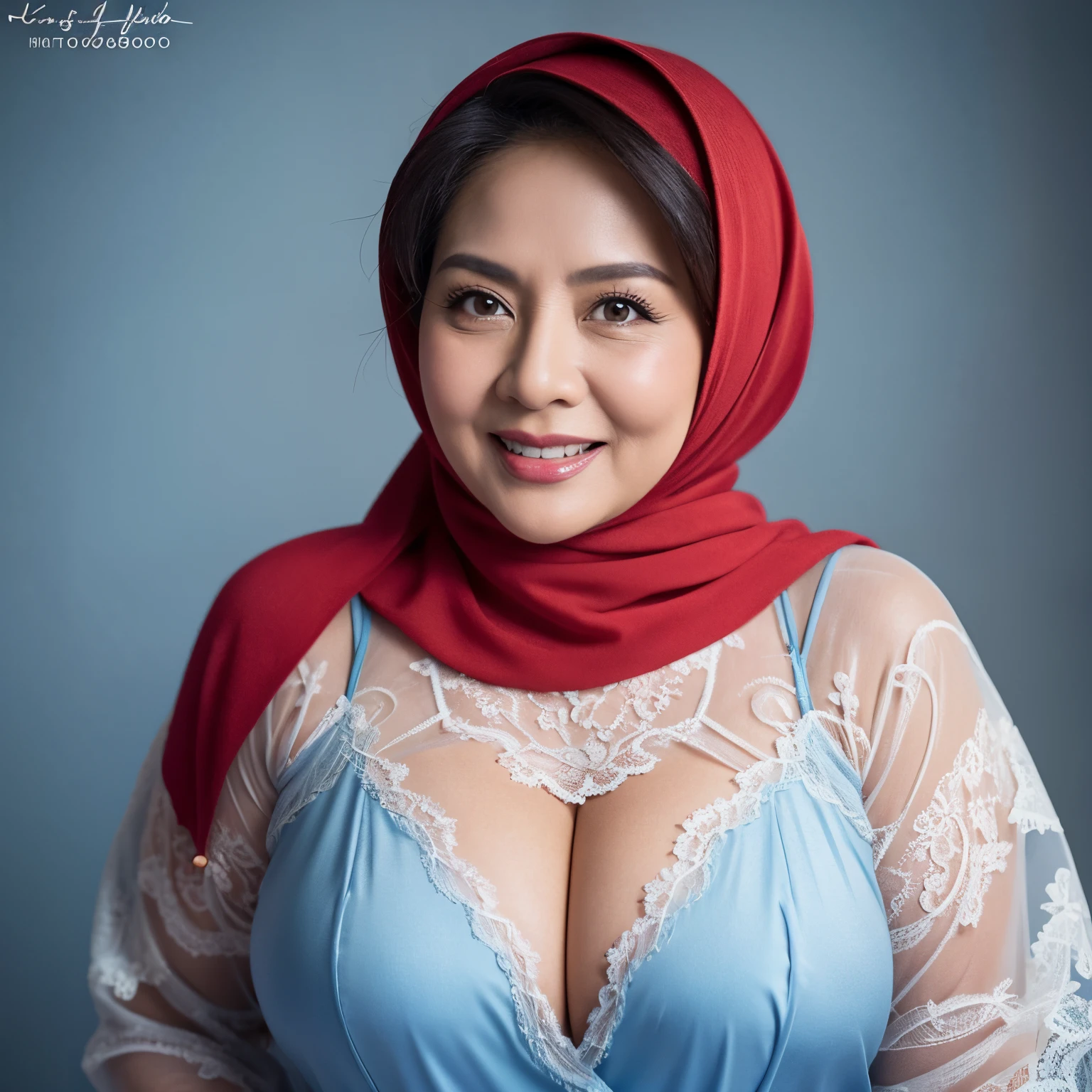 56 Years old, matured malay woman in hijab wearing lace red color pajamas portrait photography, mid shot photo, ultra detail, professional photograph with professional lighting, smile, light blue studio background, sexy seducing pose, curvy body, huge mature Tits