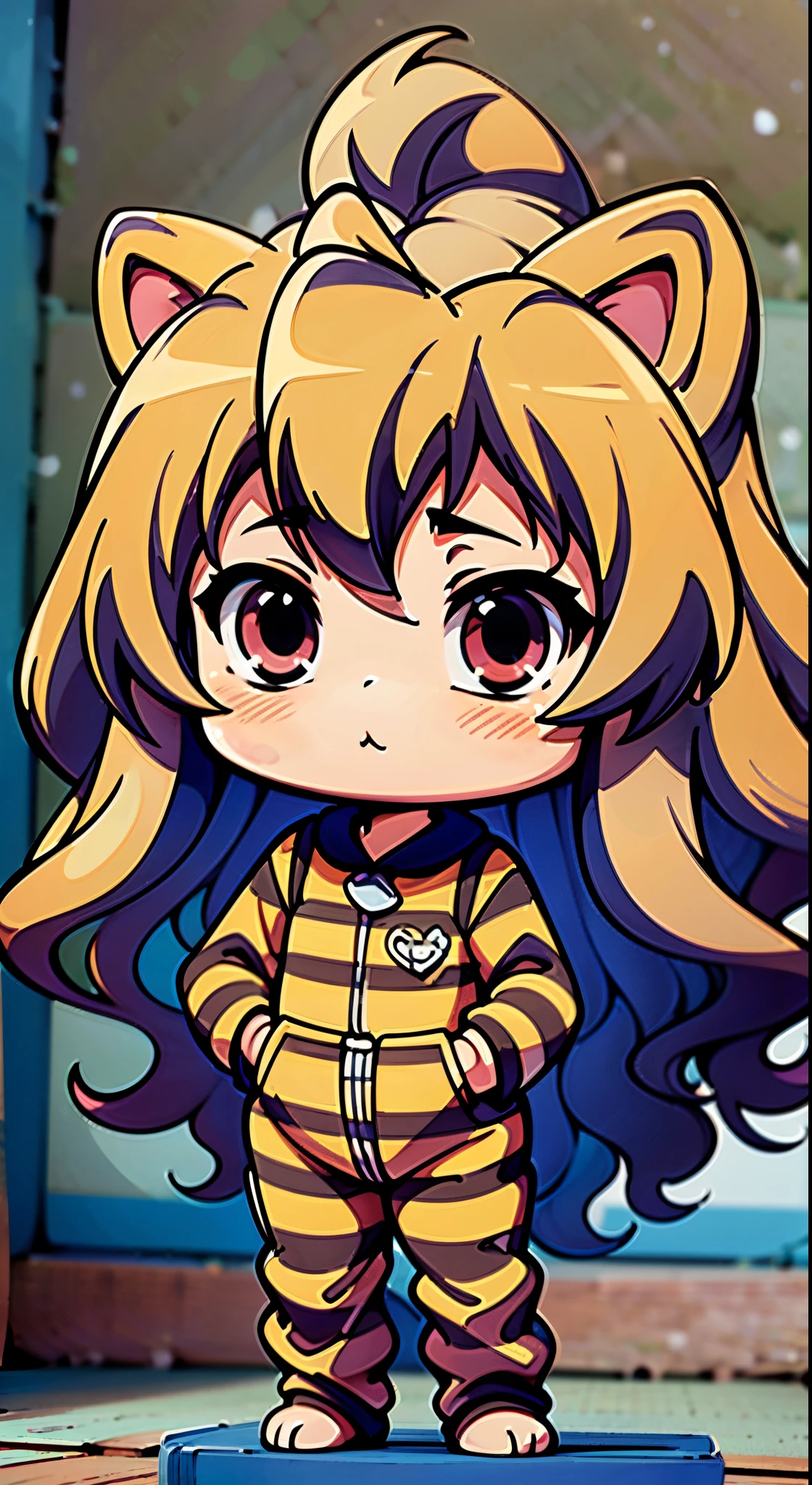 "Aisaka Taiga, a masterpiece portrait in the highest quality with absurdly detailed resolution. She is depicted as a cute chibi girl wearing a long, flowing wig. She is dressed in an adorable tiger costume or tiger-themed pajamas. Taiga is standing in a confident pose, directly facing the viewer with her captivating eyes. Her hair cascades down in luscious waves, adding to her charm. The artwork emphasizes her petite figure, with a touch of flat chestedness, enhancing her endearing innocence. The overall color tone is vibrant and lively, with vivid colors to bring out the playful atmosphere. The lighting is soft, illuminating Taiga's face and features, making her the focal point of the portrait."