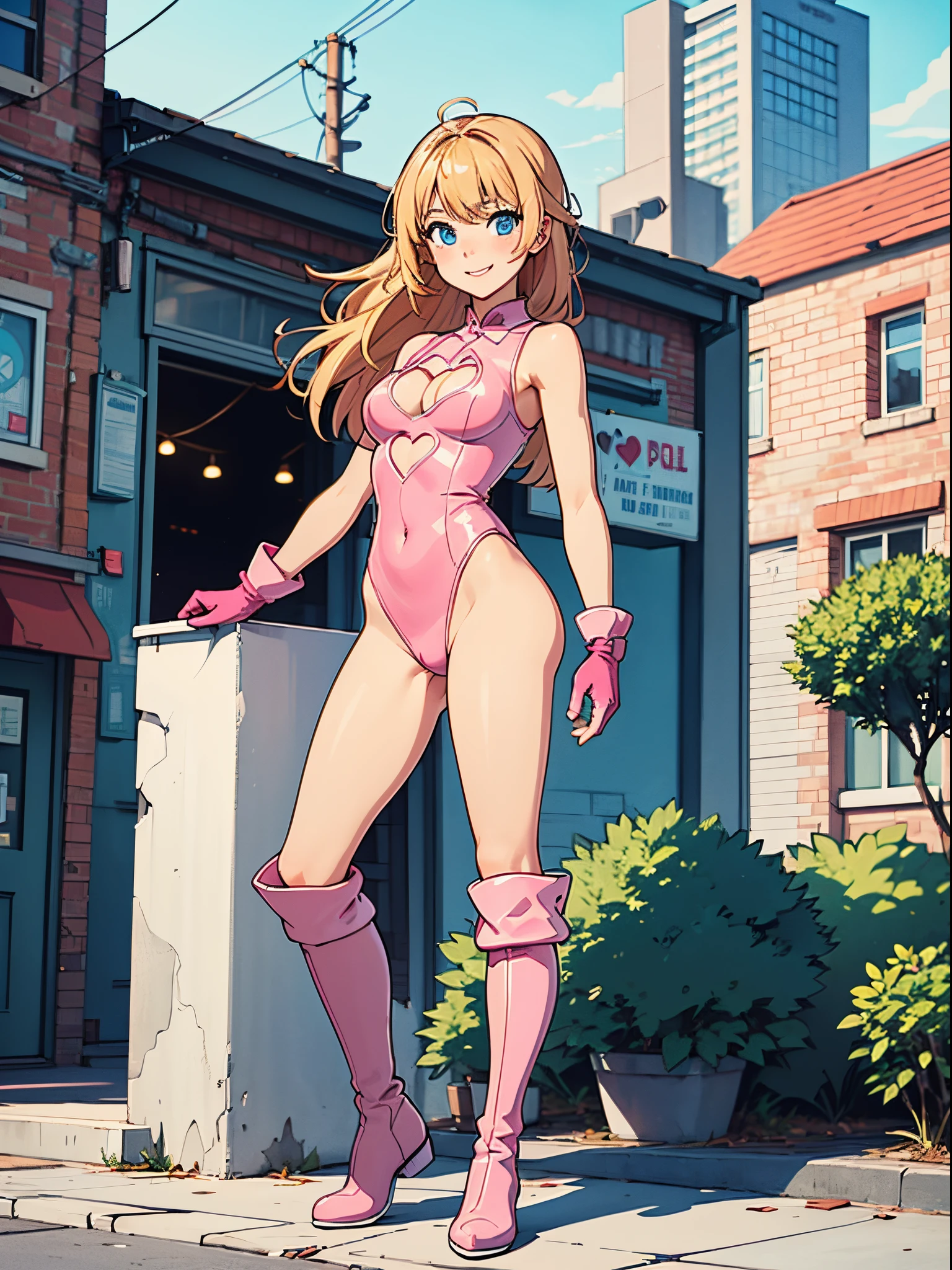 masterpiece)), ((best quality)), ((high res)), 1girl, solo, leotard, bare legs, matching boots, sleeveless, looking at the viewer, city backdrop, perfect hands, perfect eyes, perfect leotard, perfect legs, perfect arms, perfect fingers, perfect anatomy, medium breasts, pink leotard, blonde hair, long hair, knee boots, blue eyes, heart cutout, cute face, hair down, bangs, sleeveless, pink gloves, pink footwear, cleavage cutout, superhero, casual, smile, single, standing