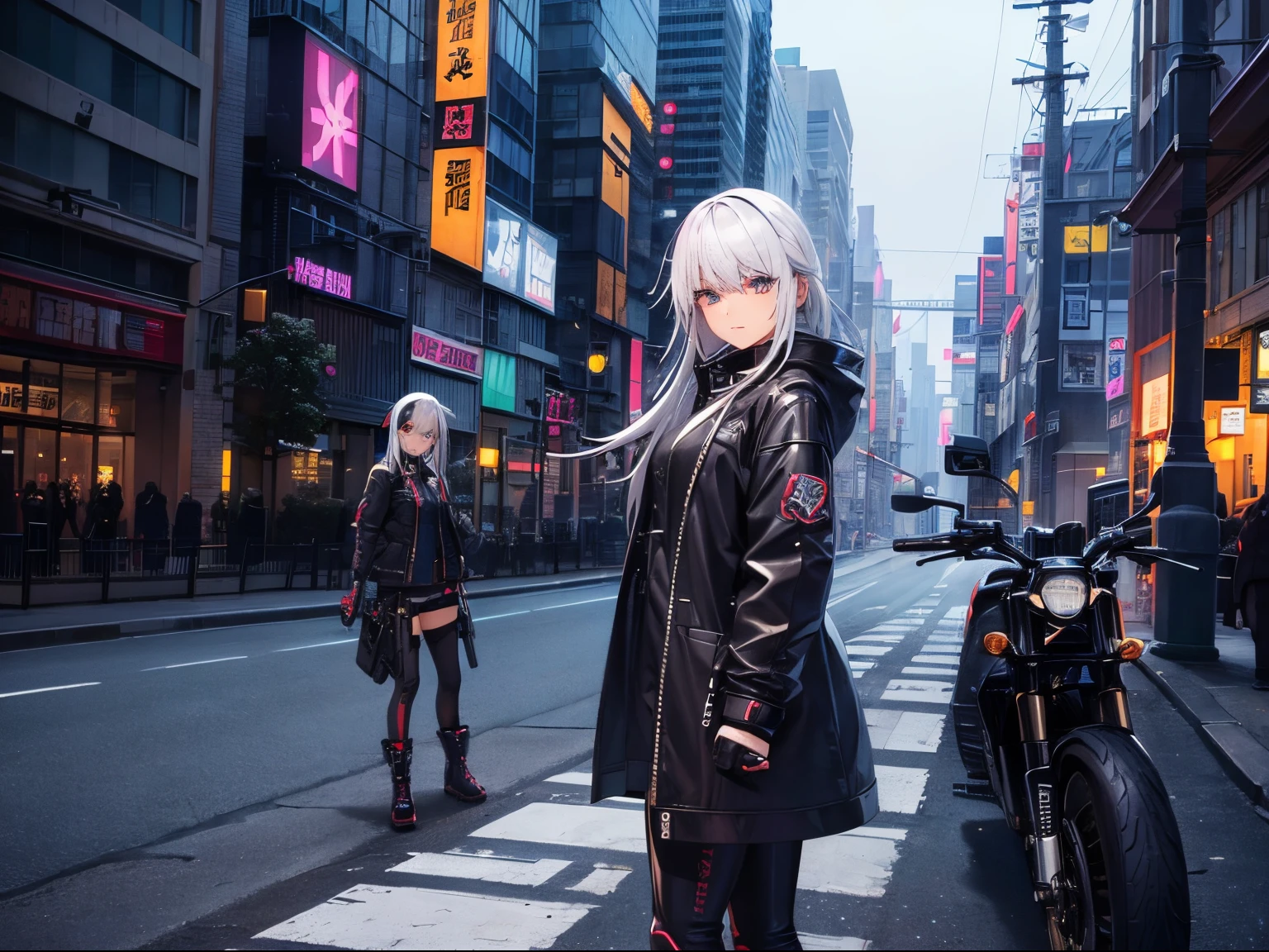 High quality、cyberpunked、girl with2a person、mechanic、comical、Anime style、white hair、motor bikes、leather jackets、punk coloring、sity、nightcity、Street、doodle、parka、Mature、Tall Woman、Military、long boots、missiles、natta、Twosome、teammate、a picture